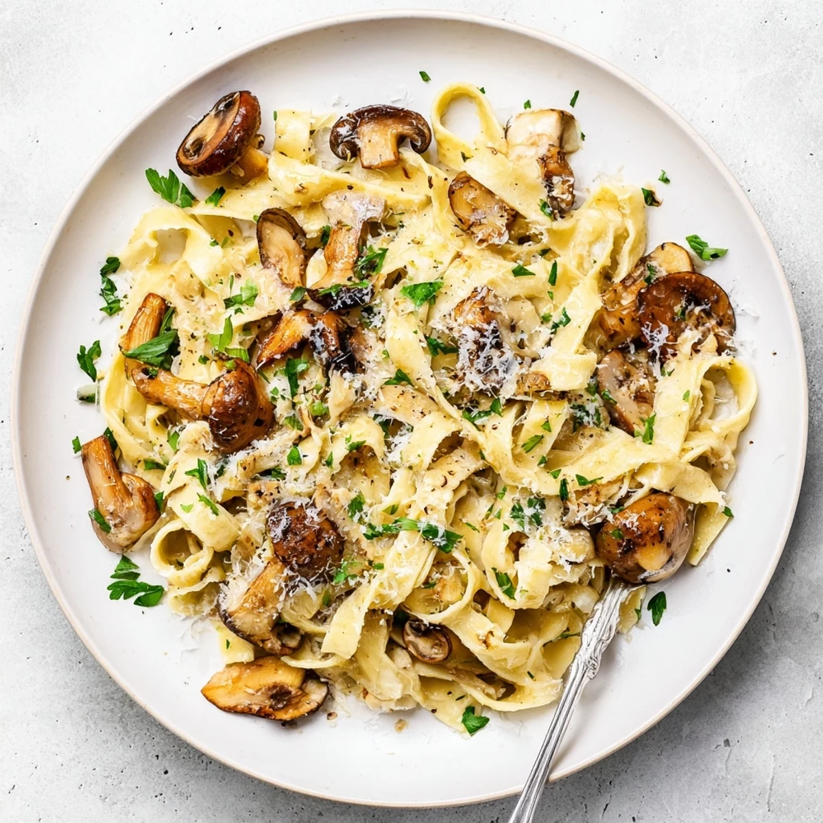 Creamy Truffle Mushroom Pasta glistens with silky sauce, rich mushrooms, and fresh parsley garnish on a white plate.