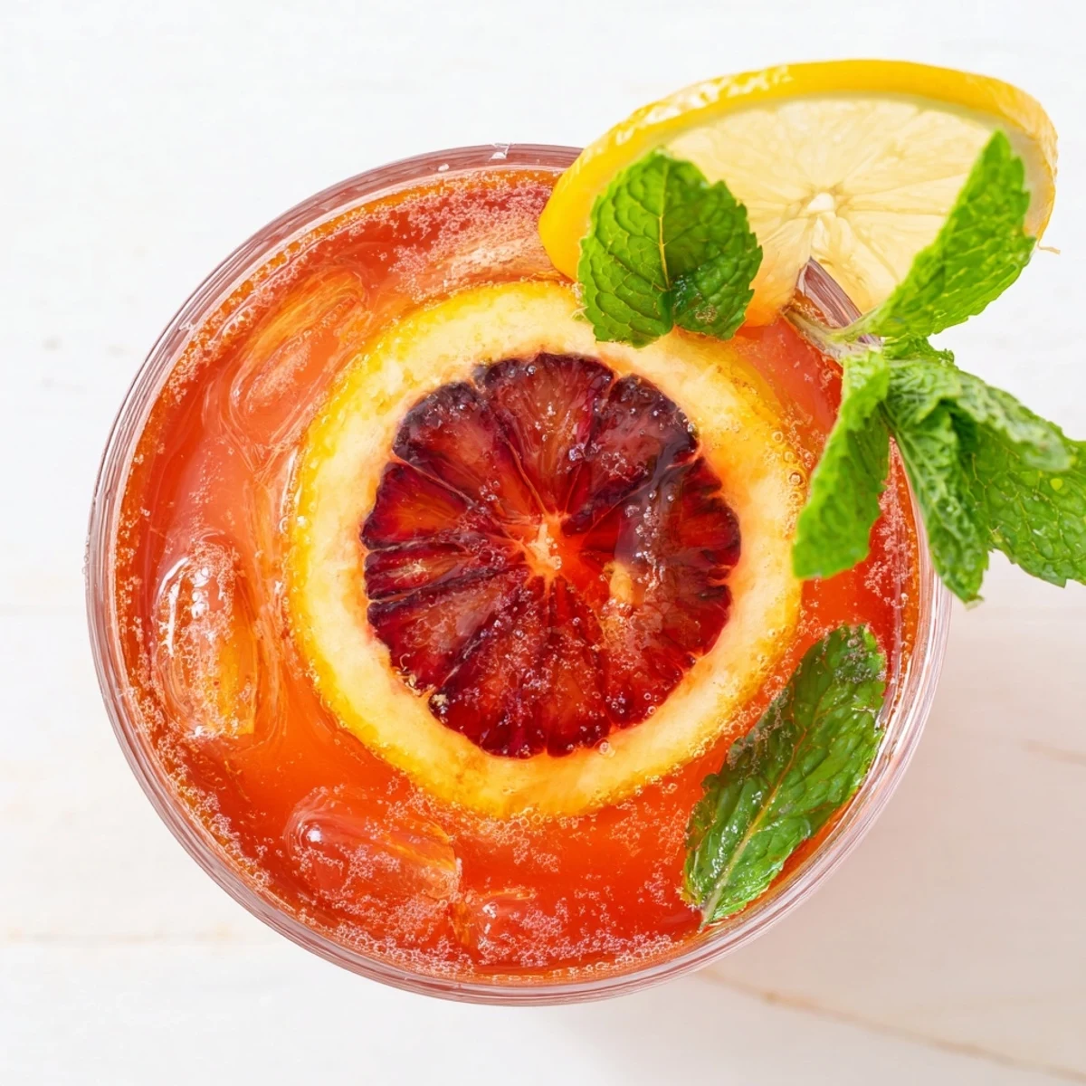 A tall glass of Blood Orange Lemonade filled with ice, garnished with fresh mint and vibrant blood orange slices, glistening in sunlight.