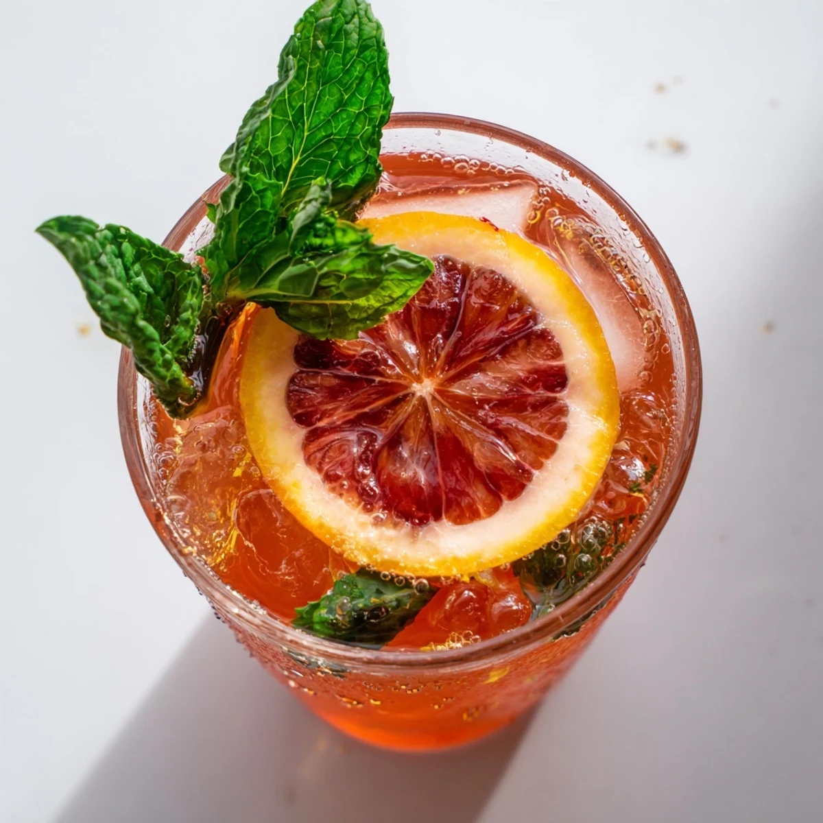 A close-up of Blood Orange Lemonade in a mason jar over ice, showing juicy blood orange wedges and a sprig of mint.