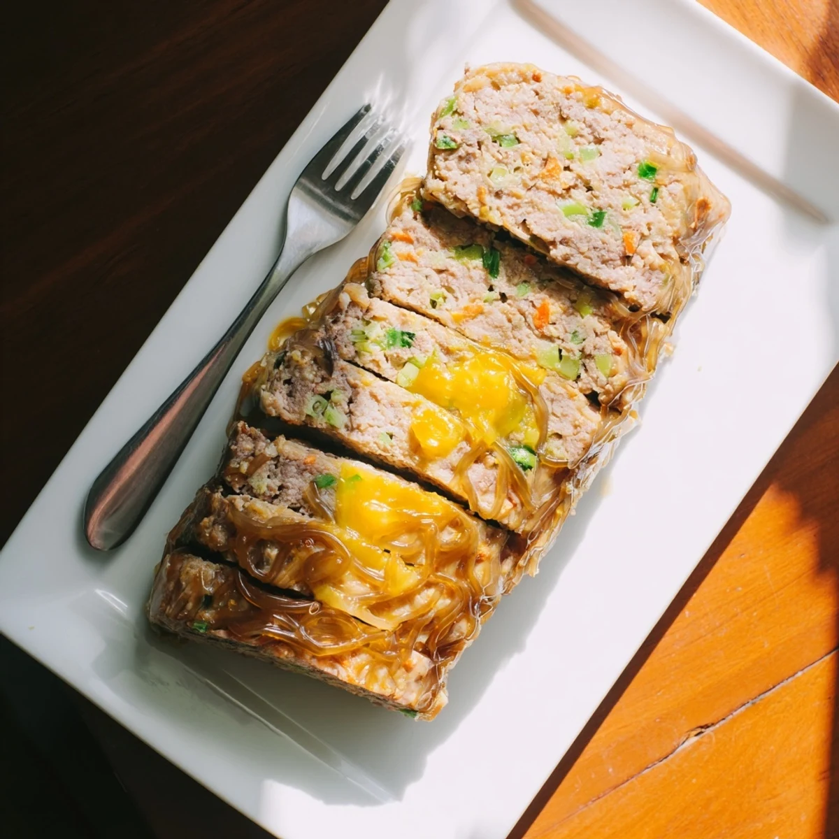 Sliced Cha Trung Hap revealing tender pork and chopped mushrooms, a classic Vietnamese meatloaf perfect for banh mi sandwiches.
