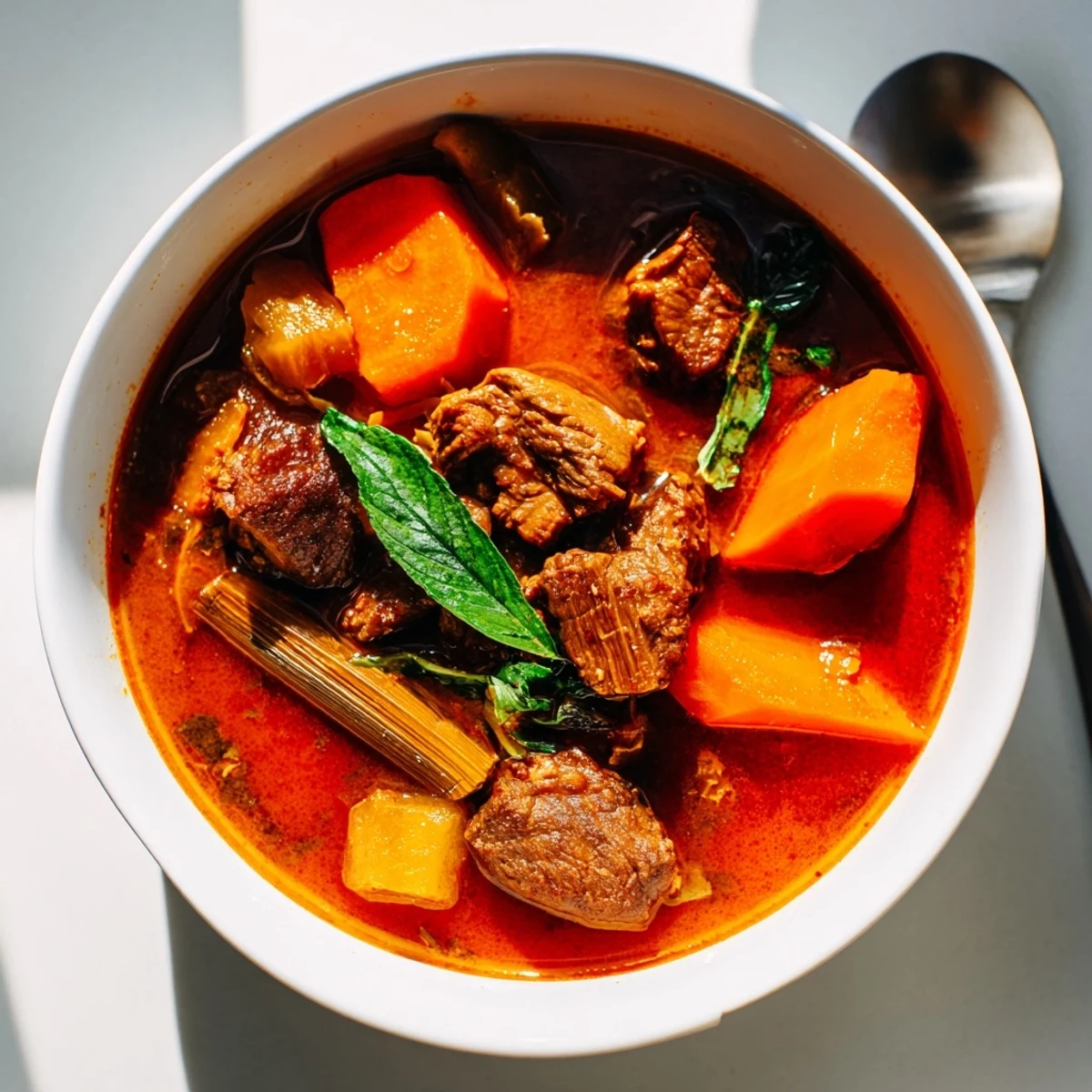 Aromatic Bo Kho stew simmering in a pot with tender beef, star anise, and vibrant orange carrots.