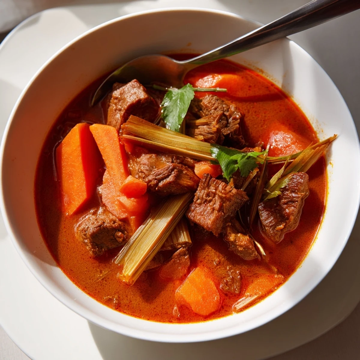 A steaming bowl of Bo Kho featuring fragrant lemongrass beef and carrots served with crusty baguette.