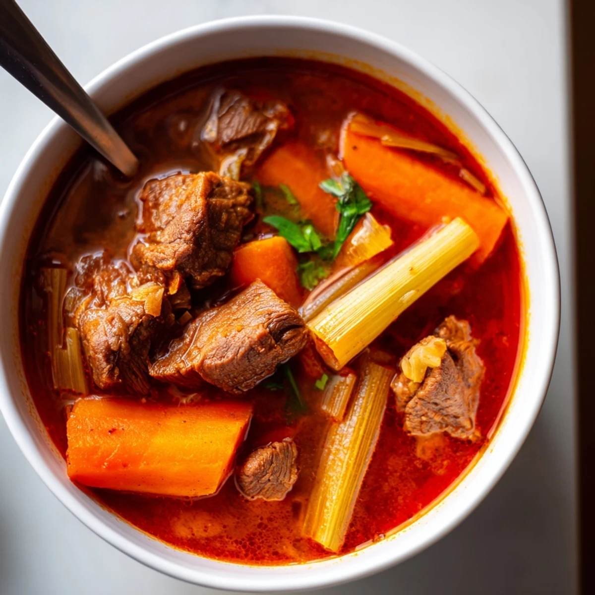 Close-up of Bo Kho ingredients including beef cubes, spices, and fresh herbs arranged on a cutting board.