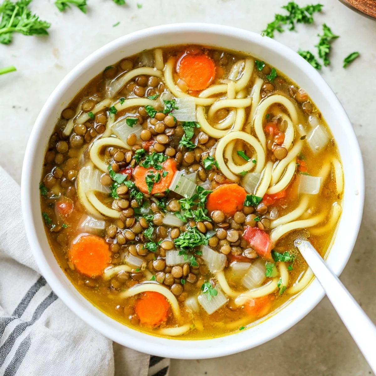 Steaming bowl of homemade Lentil Noodle Soup, with tender lentils, carrots, and noodles in a savory broth. 