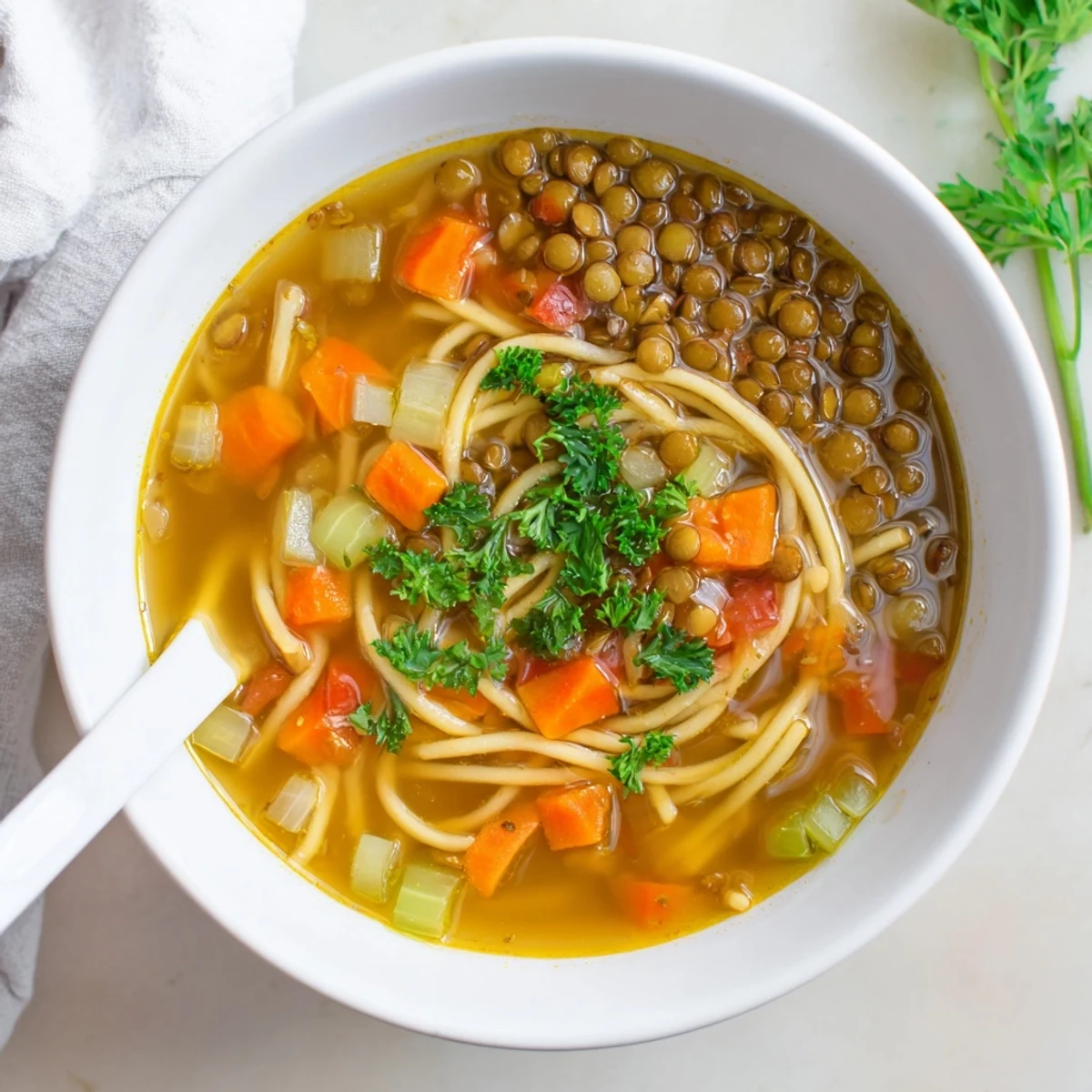 Spoon lifting a hearty serving of Lentil Noodle Soup, garnished with fresh parsley and a lemon wedge. 