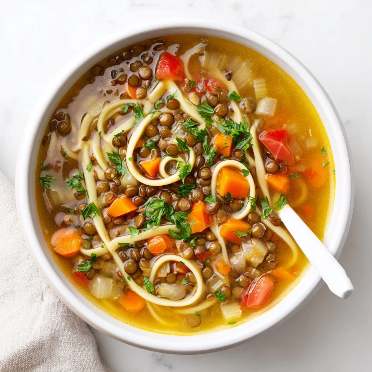 Close-up of a rustic pot filled with savory Lentil Noodle Soup, featuring diced tomatoes and celery.