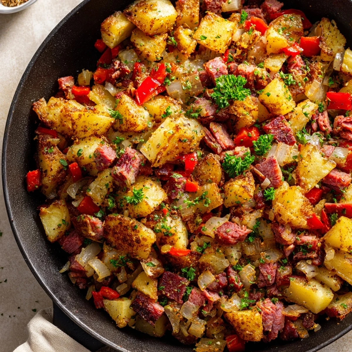 Corned Beef Hash Skillet with crispy russet potatoes and sautéed peppers topped with a sunny egg.