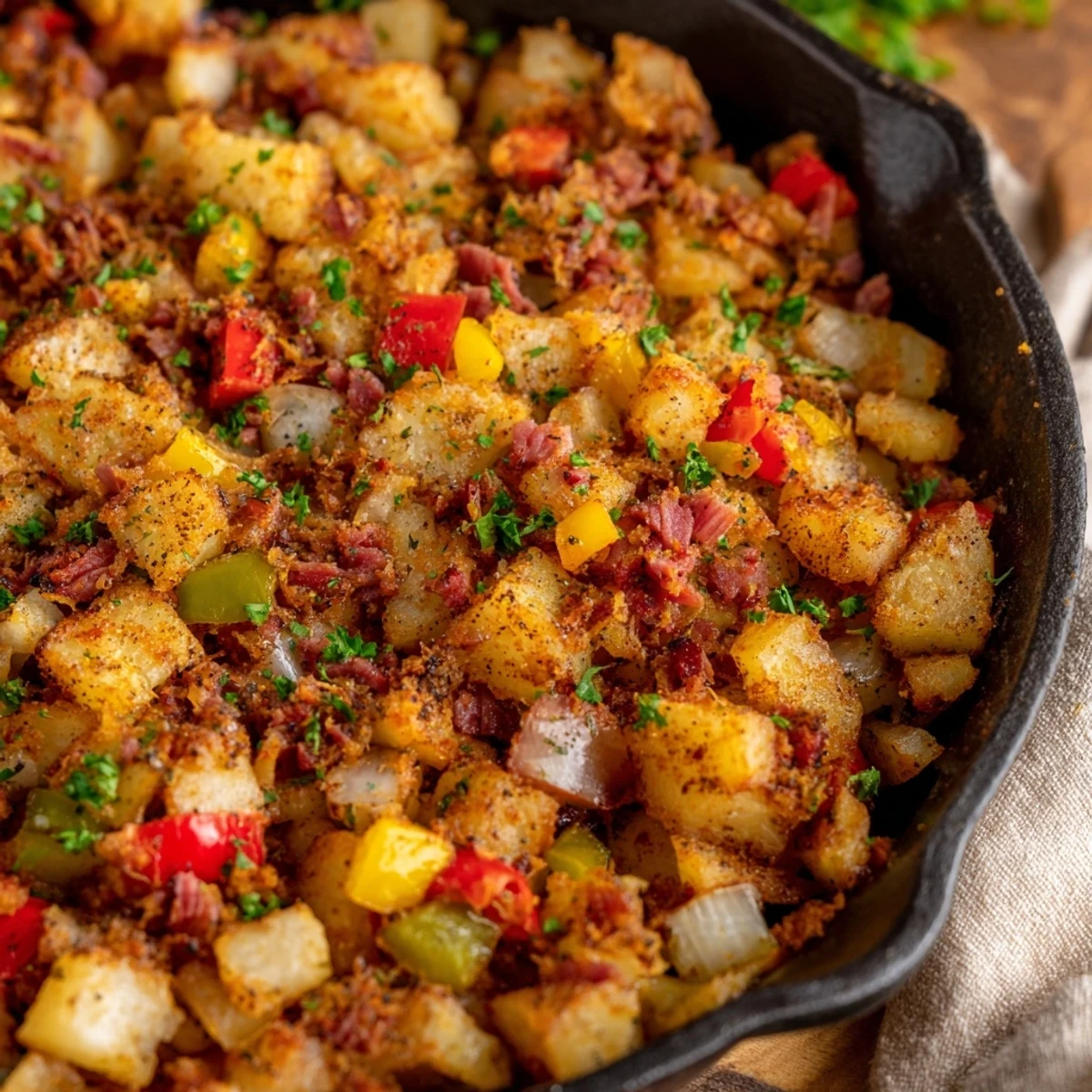 Golden crispy potatoes and tender corned beef hash skillet with colorful bell peppers served hot.