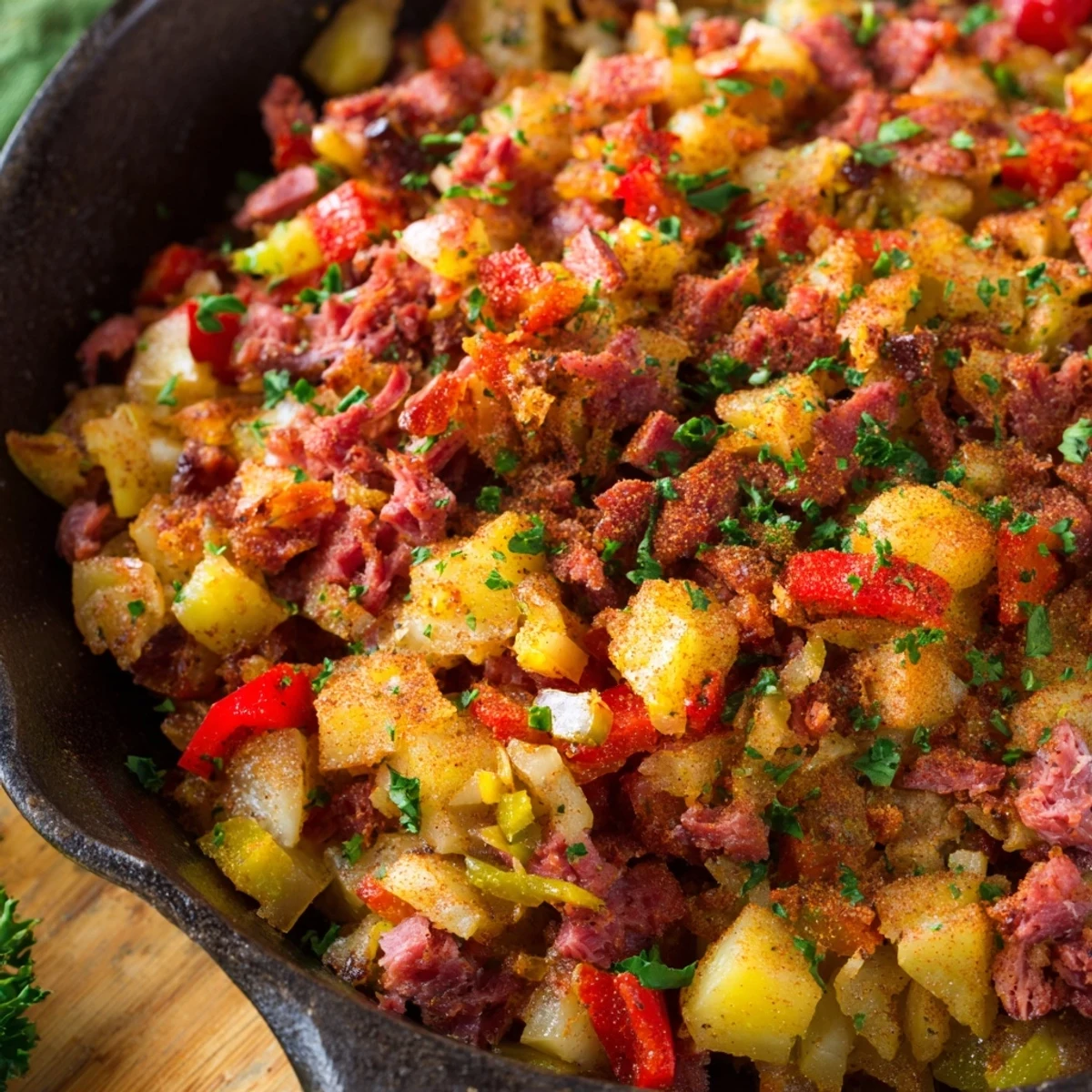 A rustic cast-iron skillet of Corned Beef Hash filled with diced potatoes, onions, and peppers.