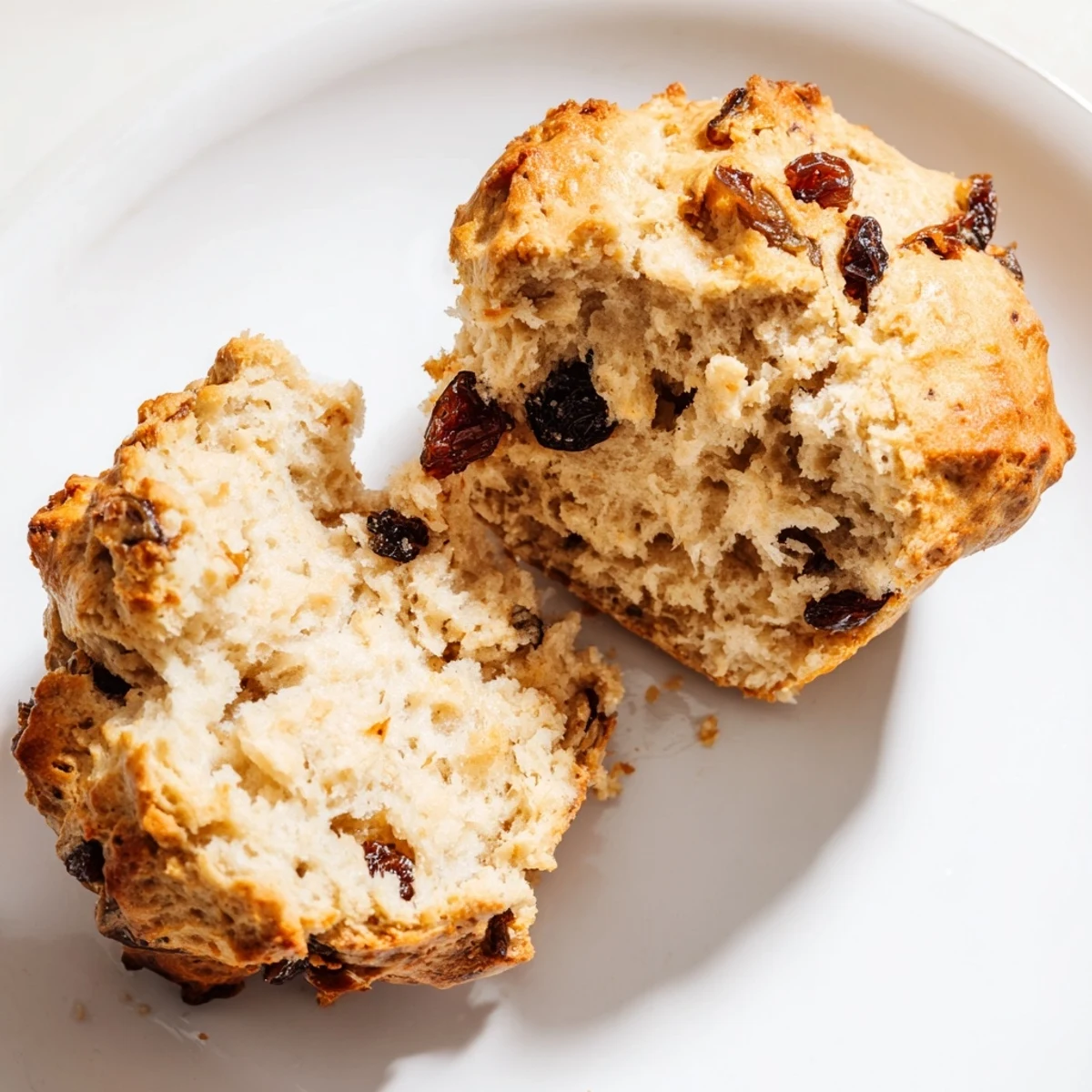 A close-up view of Irish Soda Bread Muffins showing golden tops with raisins, arranged on a rustic plate ready to enjoy.