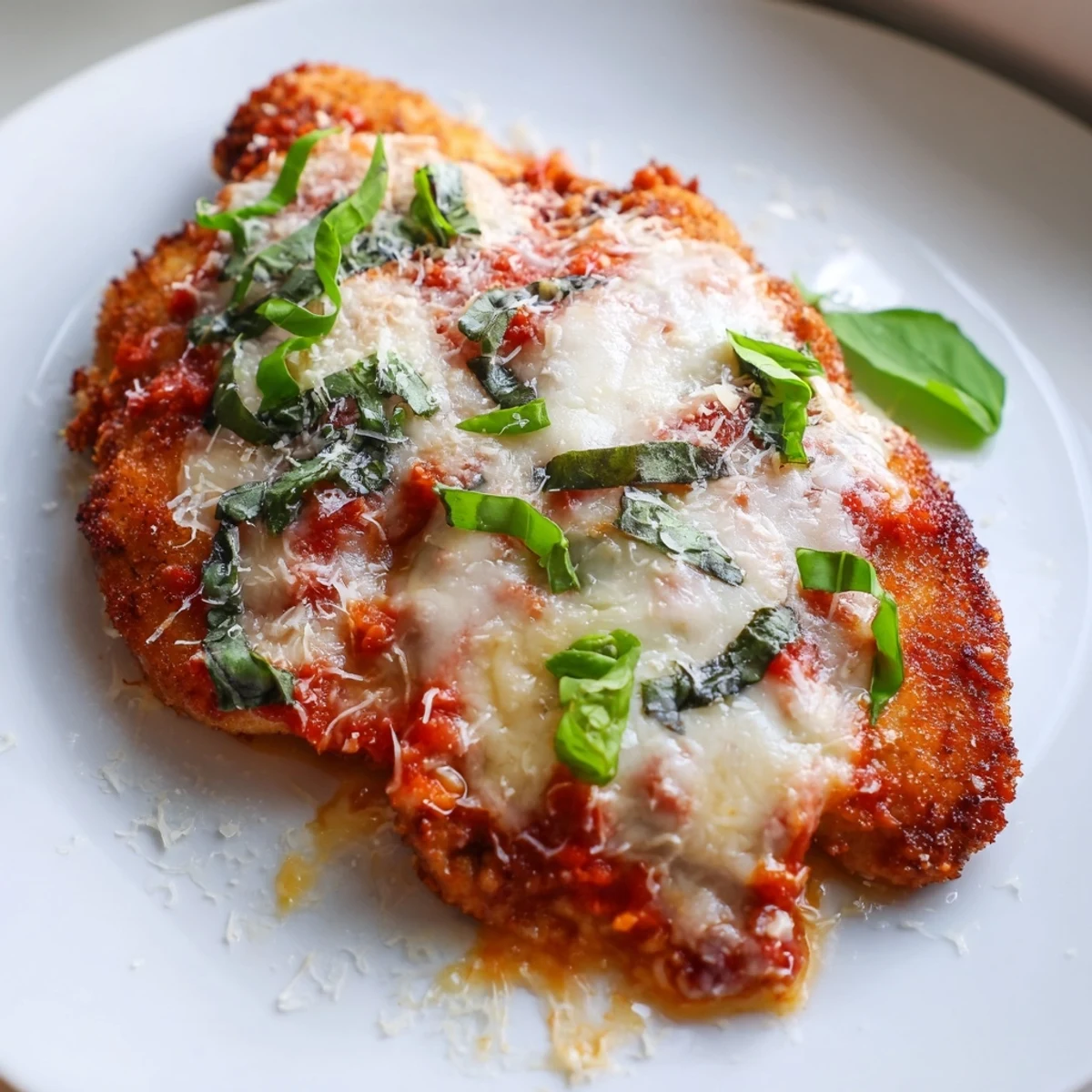 A close-up of Amazing 15 Minute Keto Chicken Parmesan, showing bubbling cheese and fresh basil garnish on low-carb, gluten-free Italian-American chicken breasts.