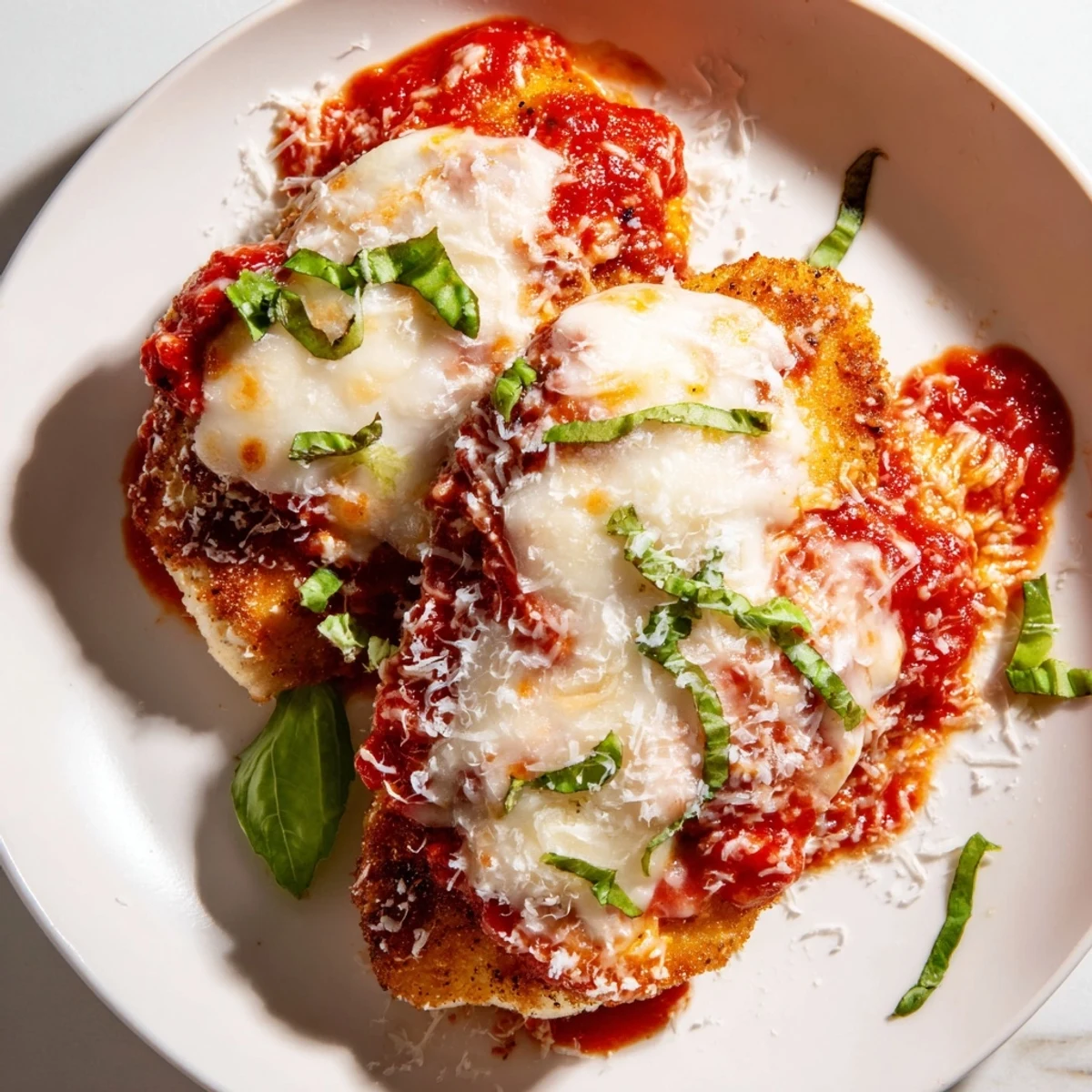 Two servings of Amazing 15 Minute Keto Chicken Parmesan plated with a side salad, highlighting juicy chicken, melty cheese, and vibrant red sauce.
