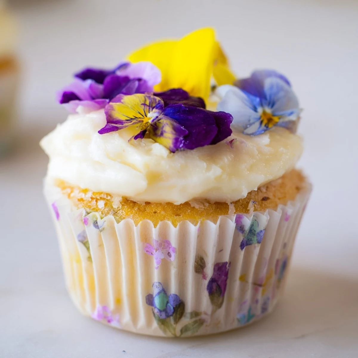 Wild Flower Cupcakes with vanilla buttercream, topped with colorful edible violets and pansies for a spring treat.