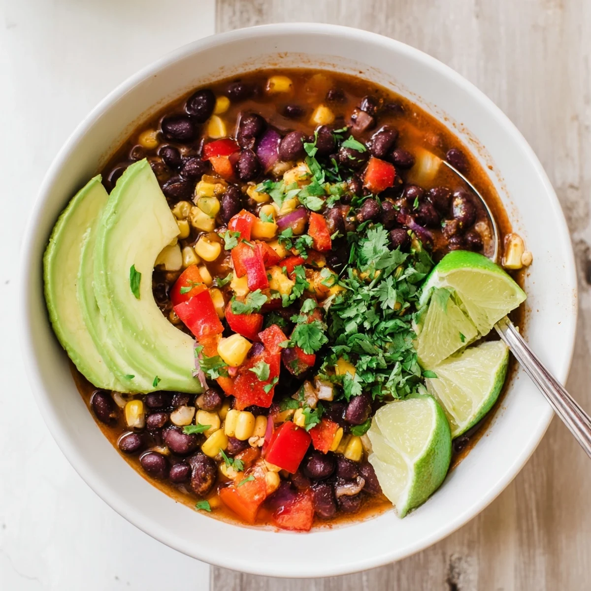 Vibrant Black Bean Corn Chili Lime Delight in a rustic pot, garnished with fresh cilantro and lime wedges.