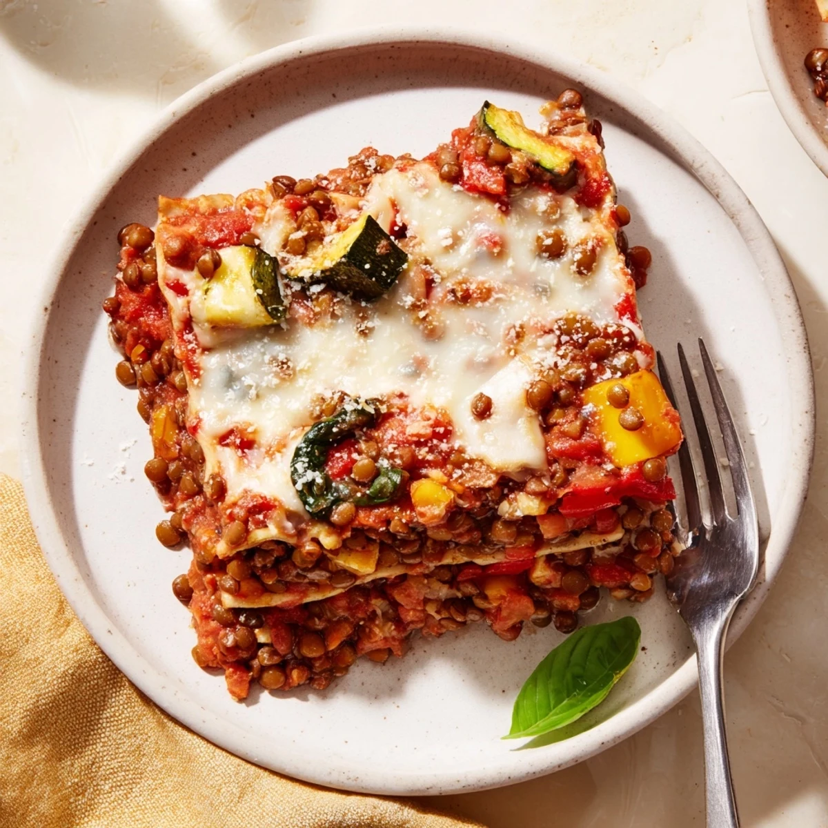 Golden-brown Smoky Veggie Lentil Lasagna with bubbling mozzarella and roasted veggies on a rustic table.