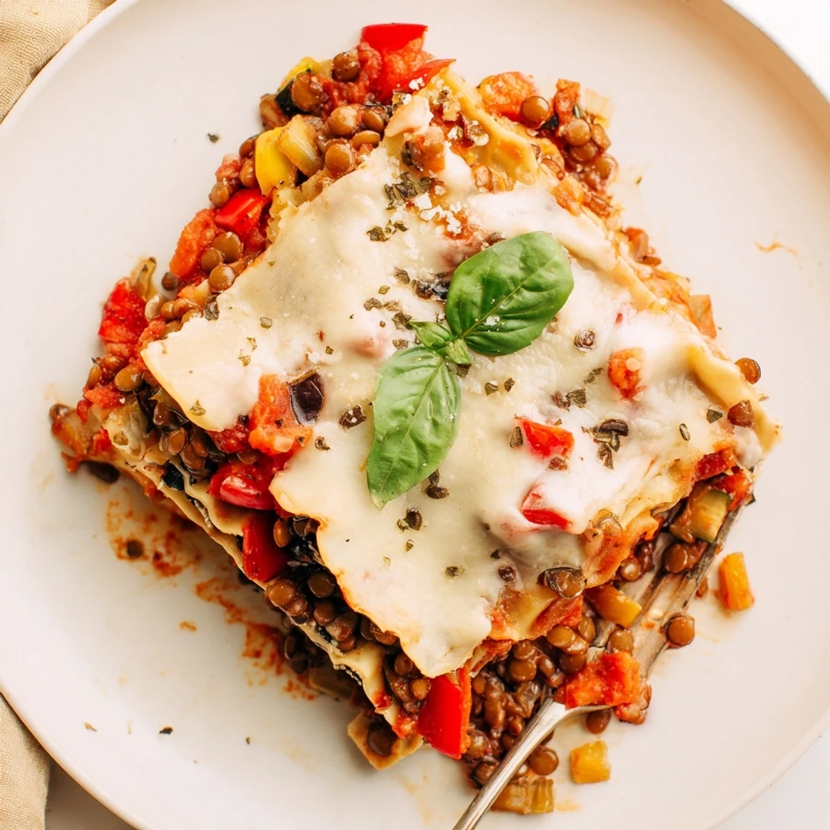 Smoky Veggie Lentil Lasagna served hot with fresh basil garnish and a side salad for dinner.