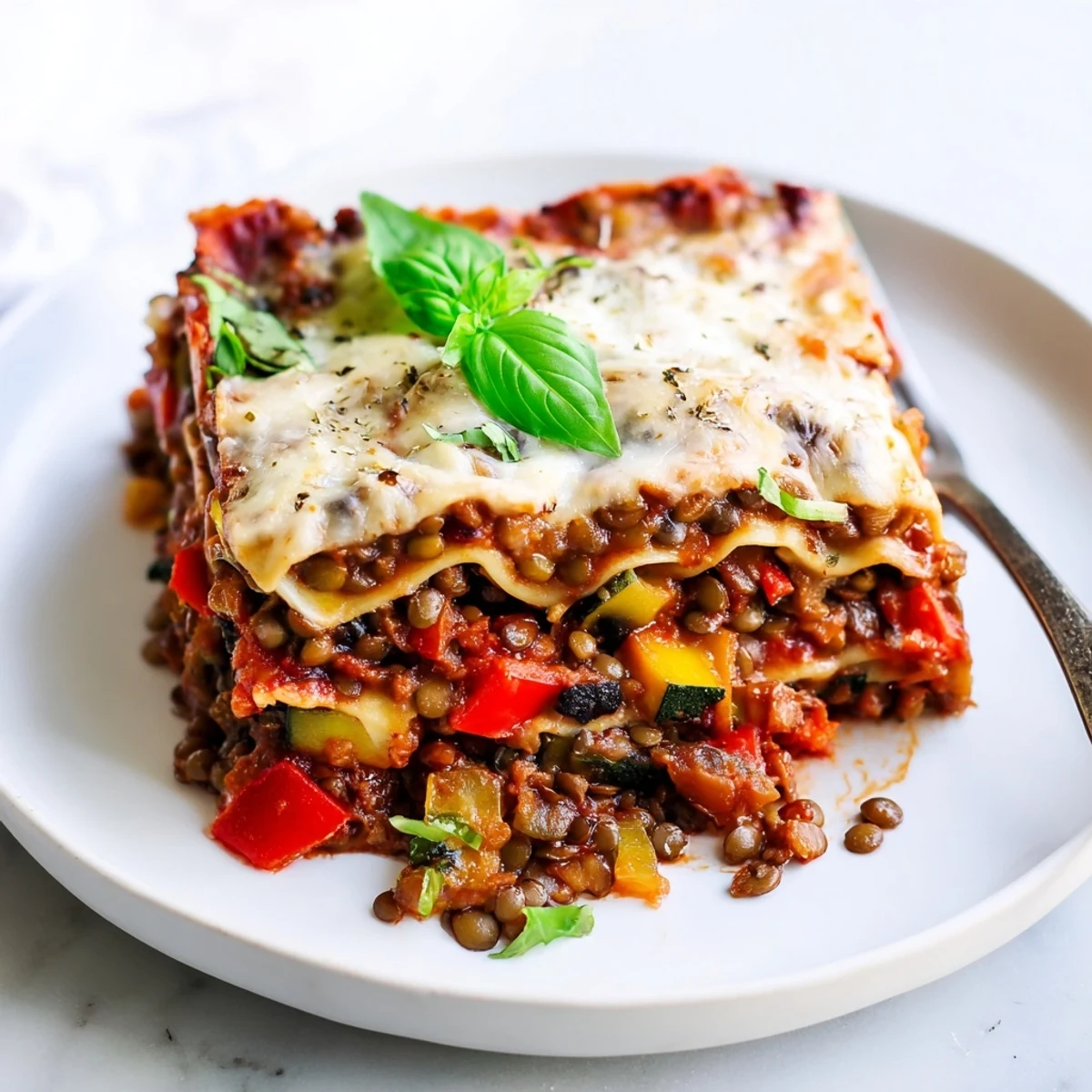 A slice of Smoky Veggie Lentil Lasagna shows creamy béchamel layers and vibrant roasted bell peppers.