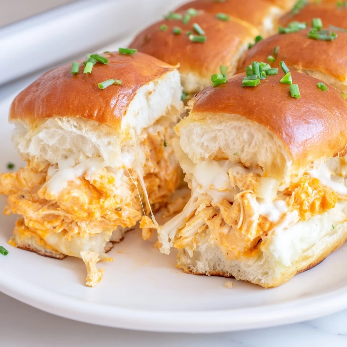 Fresh chives sprinkle over the warm, cheesy buffalo chicken filling inside the sliders on a wooden serving board.