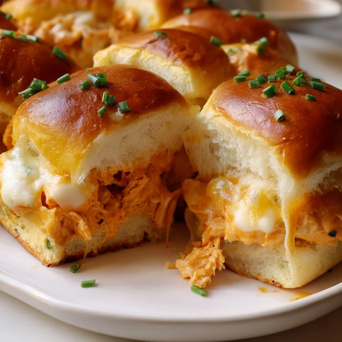 Golden brown Buffalo Chicken Pizza Dip Sliders are pulled apart, revealing melted mozzarella and cheddar cheese on soft Hawaiian rolls.
