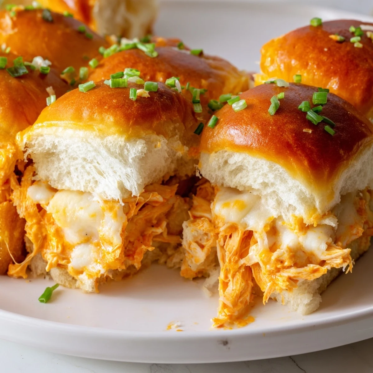Spicy buffalo chicken dip mixture steams between toasted slider buns, topped with blue cheese crumbles and pickled jalapeños.