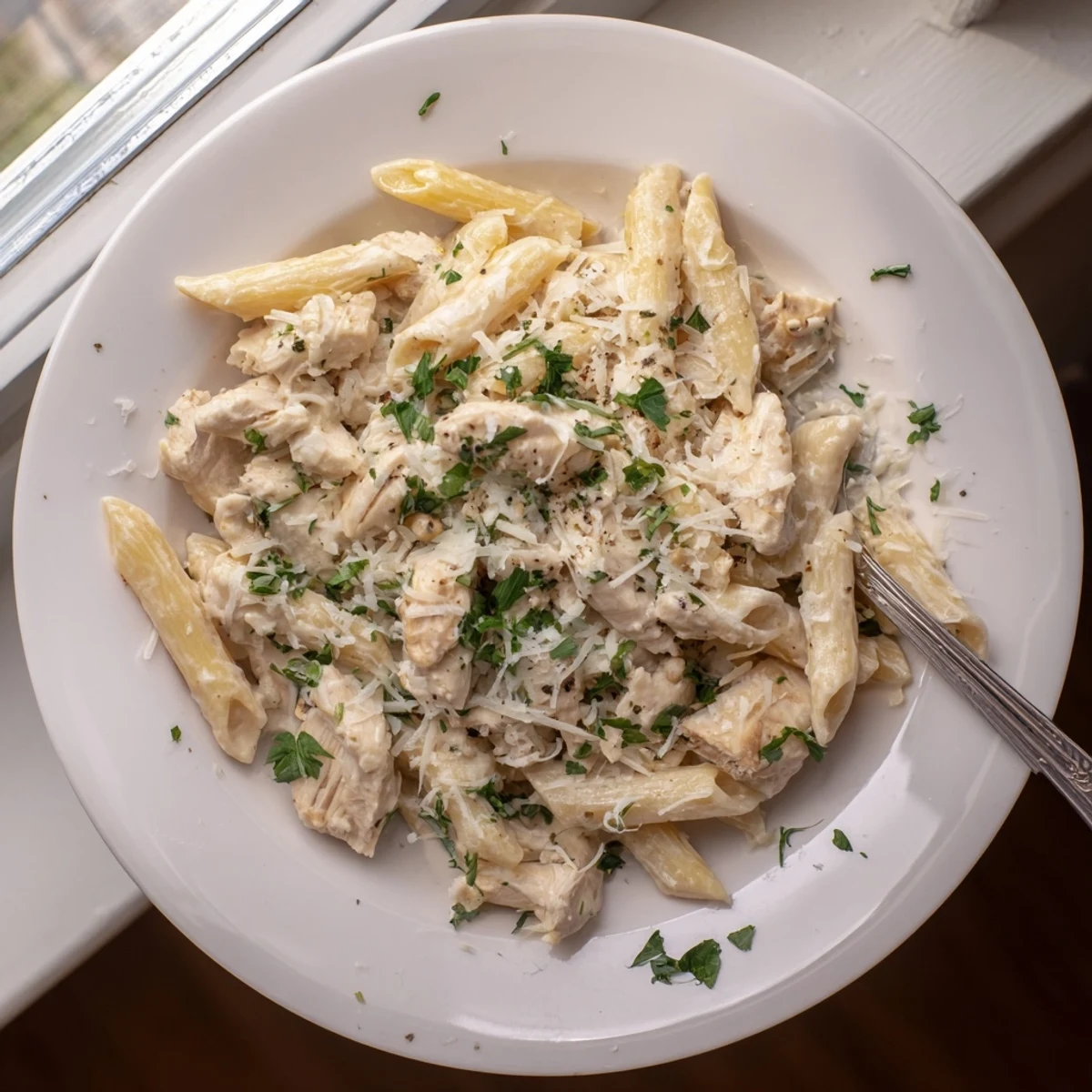 A slow cooker holds perfectly cooked chicken breasts swimming in a rich, garlicky sauce beside al dente pasta.