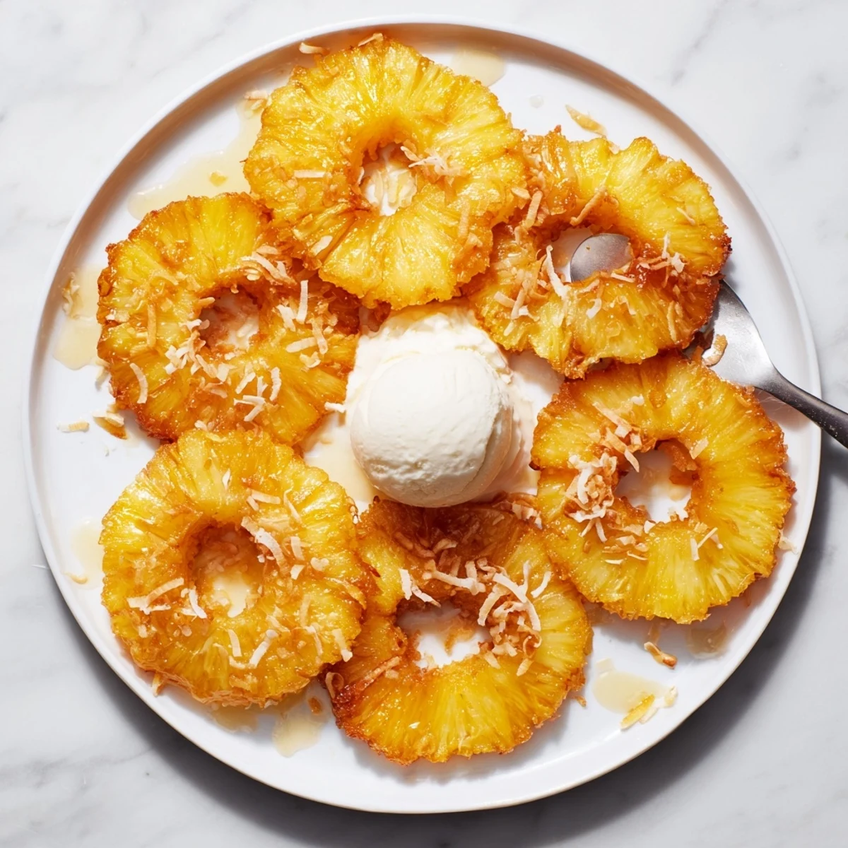 Golden Fried Pineapple rings are crisp, golden brown, and served warm with a drizzle of honey.