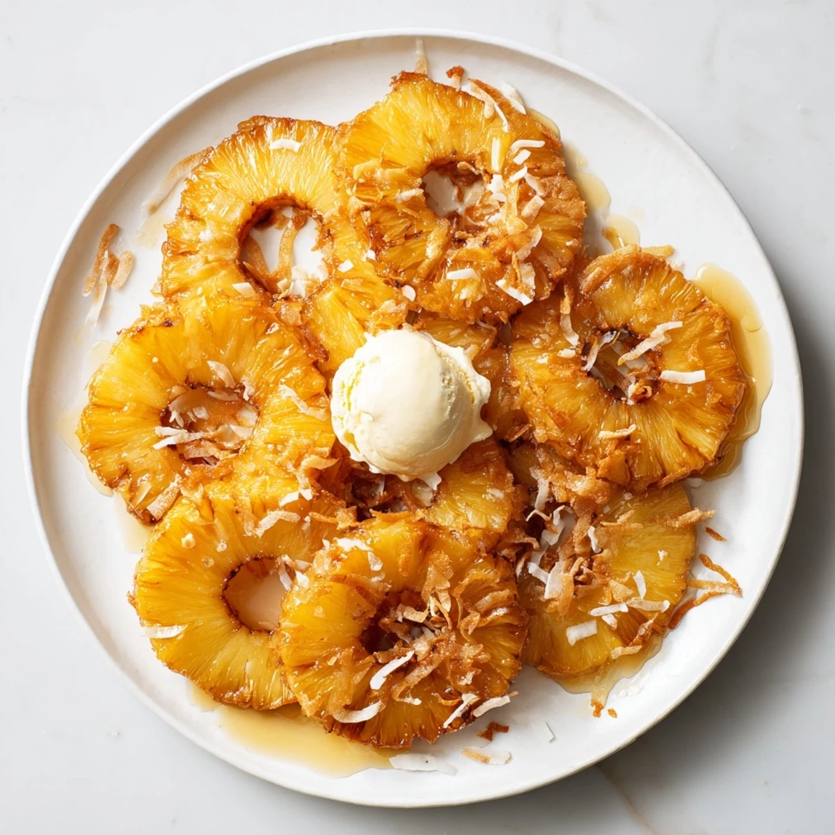 A close-up of battered Fried Pineapple rings frying in a skillet with steam rising.