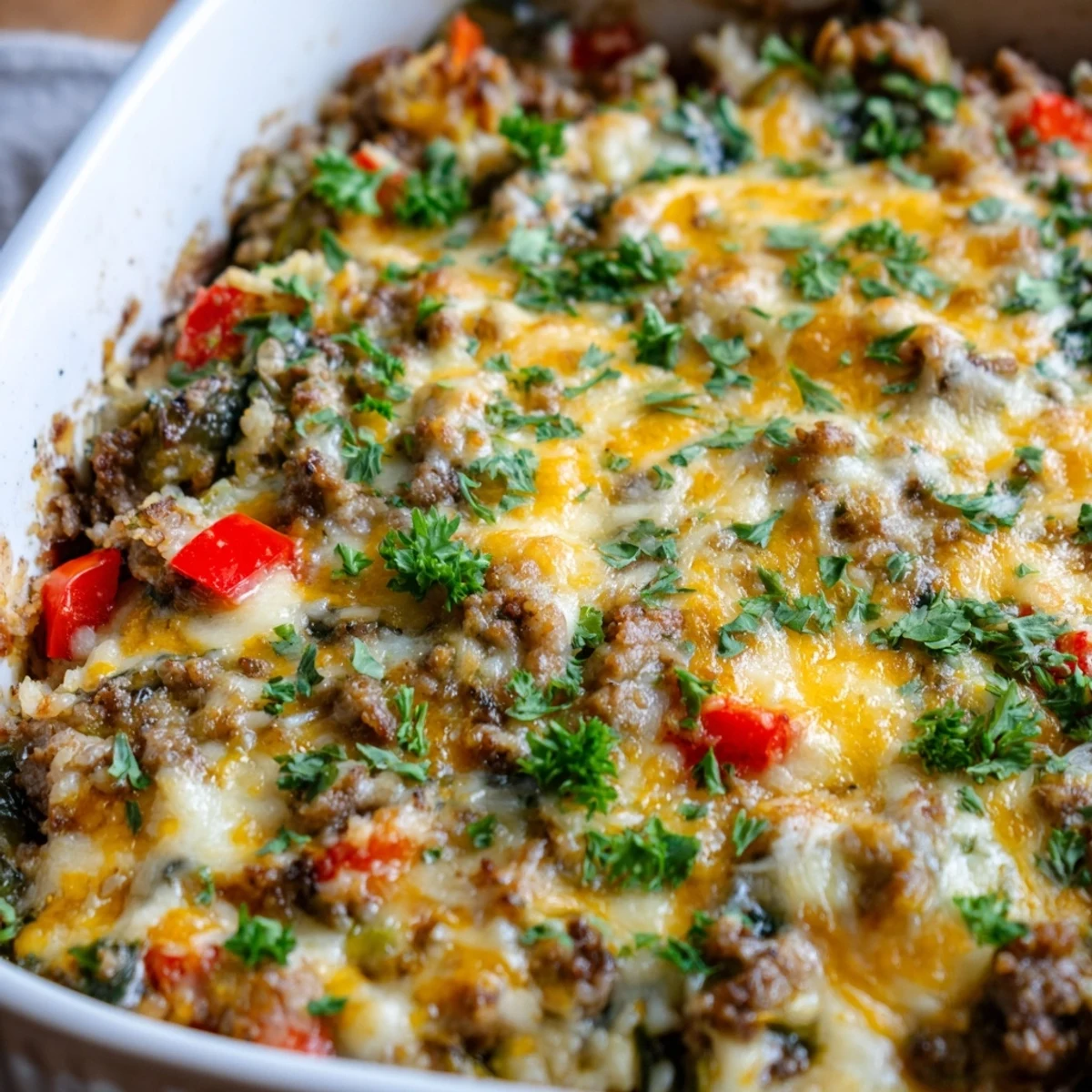 Close-up of golden, bubbly Ground Beef Casserole with Cauliflower Rice topped with melted cheese and fresh parsley.  
