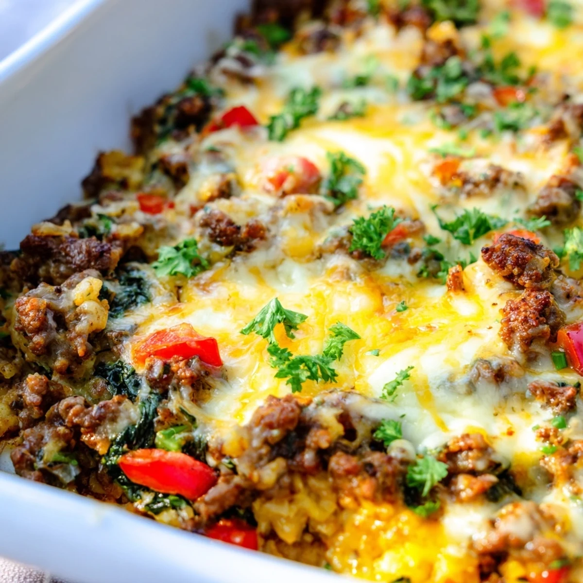 A hearty Ground Beef Casserole with Cauliflower Rice served in a white baking dish, perfect for a low-carb dinner.  