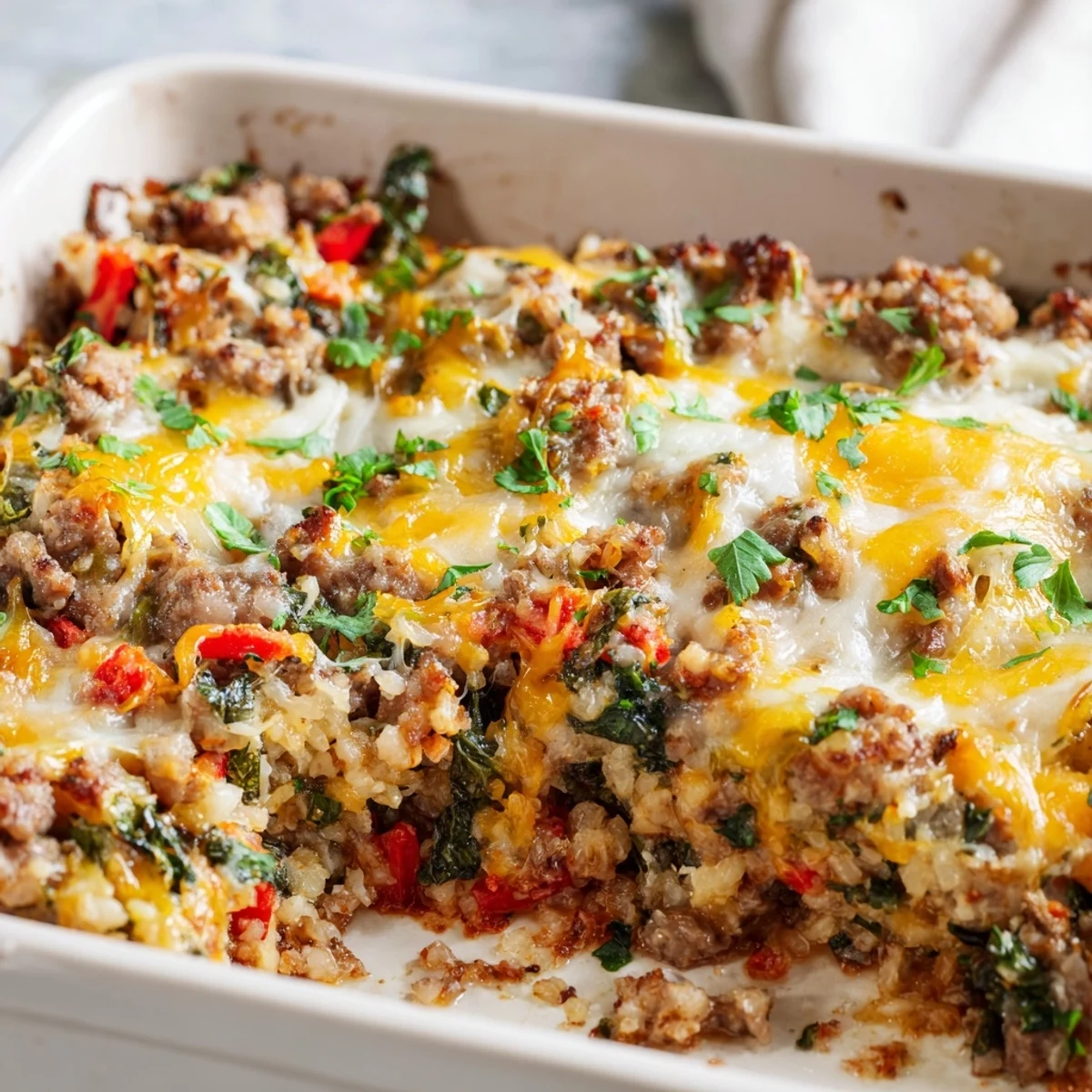 Steaming Ground Beef Casserole with Cauliflower Rice on a rustic wooden table, garnished with chopped parsley for a family meal.