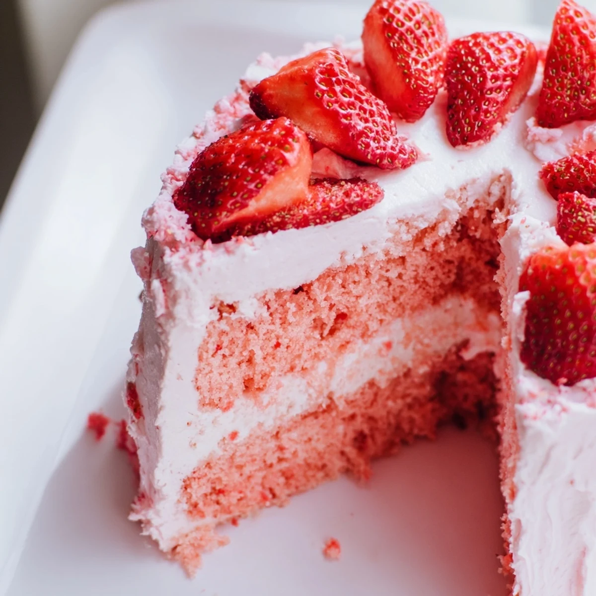 Freshly sliced layers of Strawberry Velvet Cake reveal a moist crumb and creamy frosting topped with ripe strawberries.
