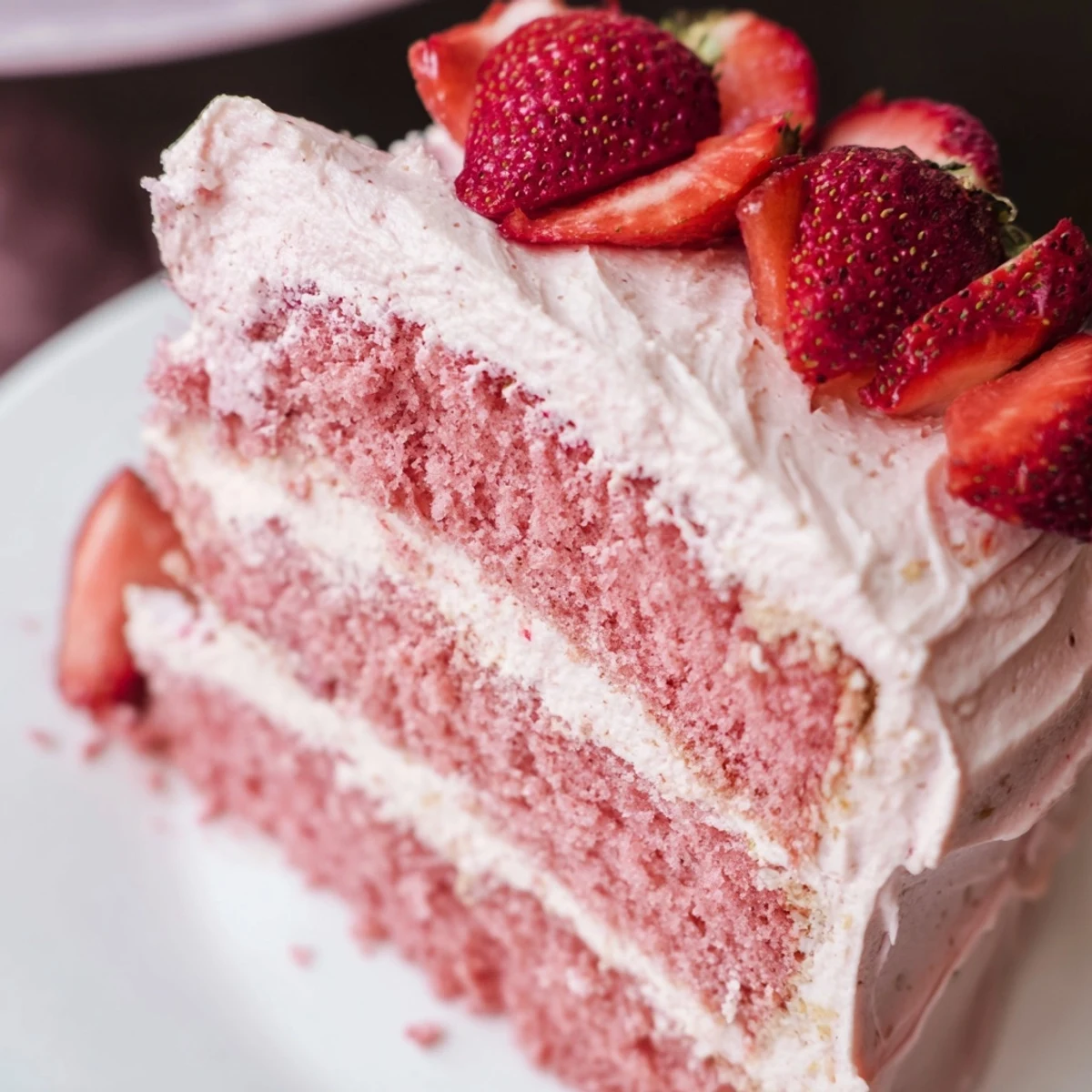 A close-up of Strawberry Velvet Cake shows velvety pink interior and swirls of cream cheese frosting for a spring dessert.