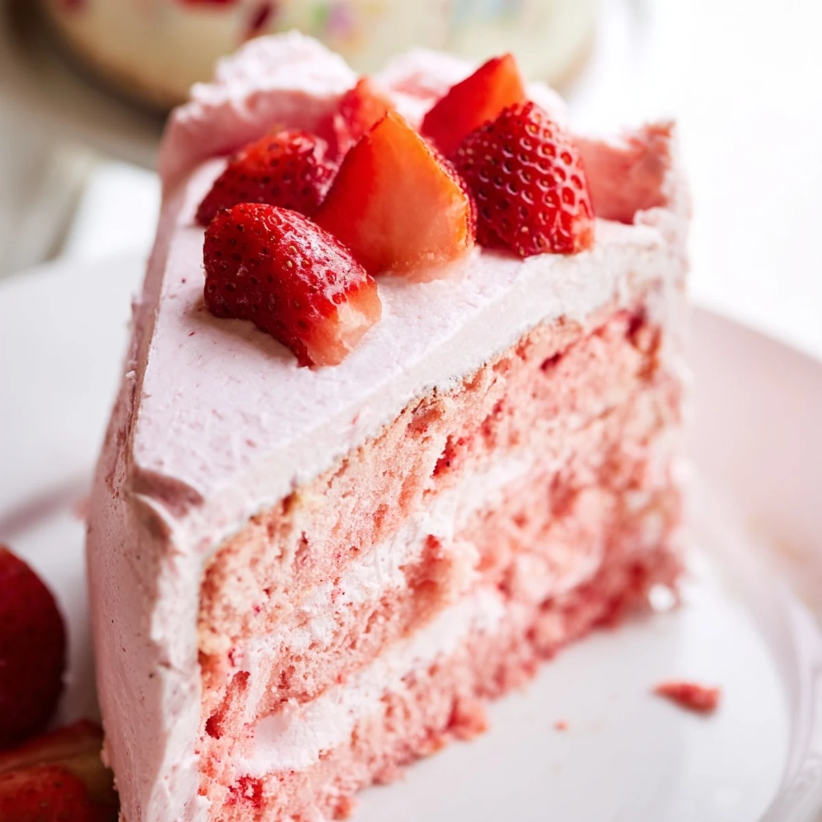 Strawberry Velvet Cake displayed on a cake stand with fresh strawberry halves, perfect for a festive party serving.