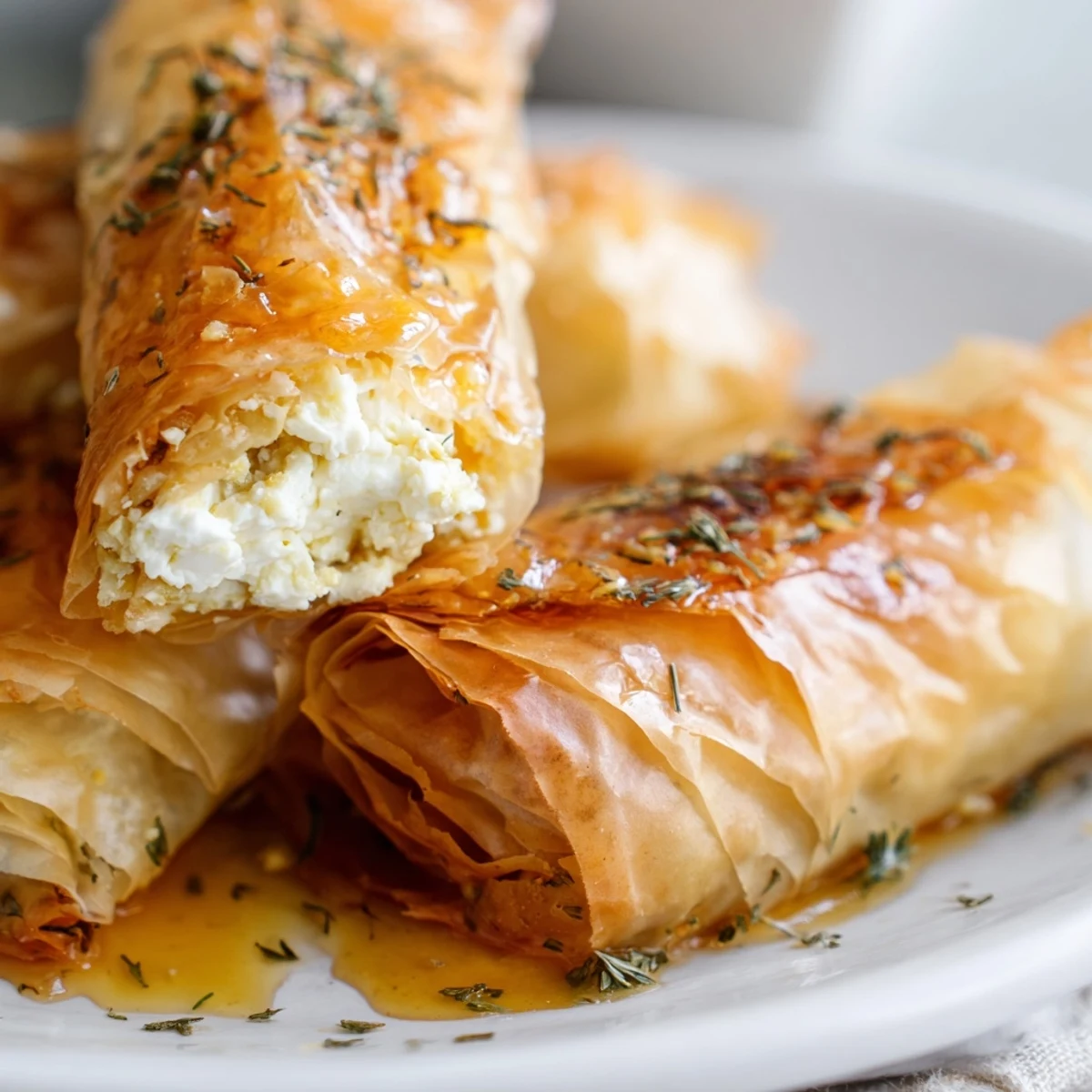 Golden-baked Oven Fried Feta Rolls with Spicy Chili Honey drizzle, crispy phyllo with creamy filling.