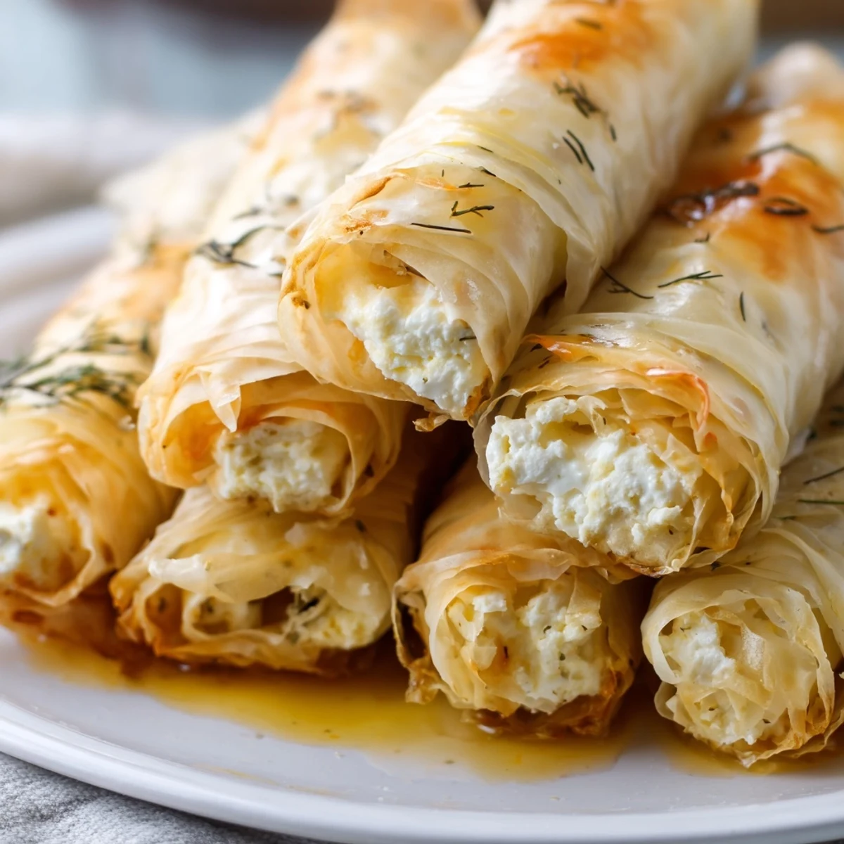 Close-up of Oven Fried Feta Rolls with Spicy Chili Honey, showcasing golden texture and glossy glaze.