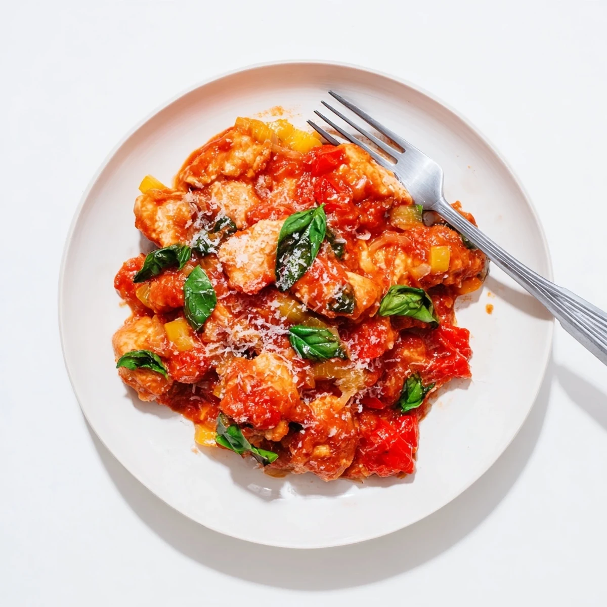 A serving of Slow Cooker Tomato Basil Chicken over creamy polenta, garnished with Parmesan and basil, steam rising invitingly.
