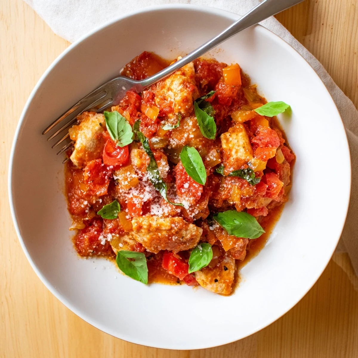 Close-up of Slow Cooker Tomato Basil Chicken in a slow cooker pot, showing juicy chicken breasts in rich tomato sauce.