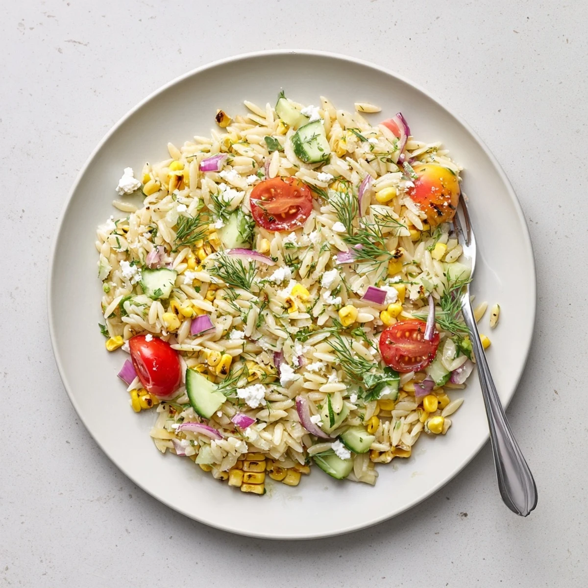 An overhead shot shows the fresh Grilled Corn Orzo Salad with Scallion Dill Dressing, mixed with juicy cherry tomatoes and diced cucumber on a plate.
