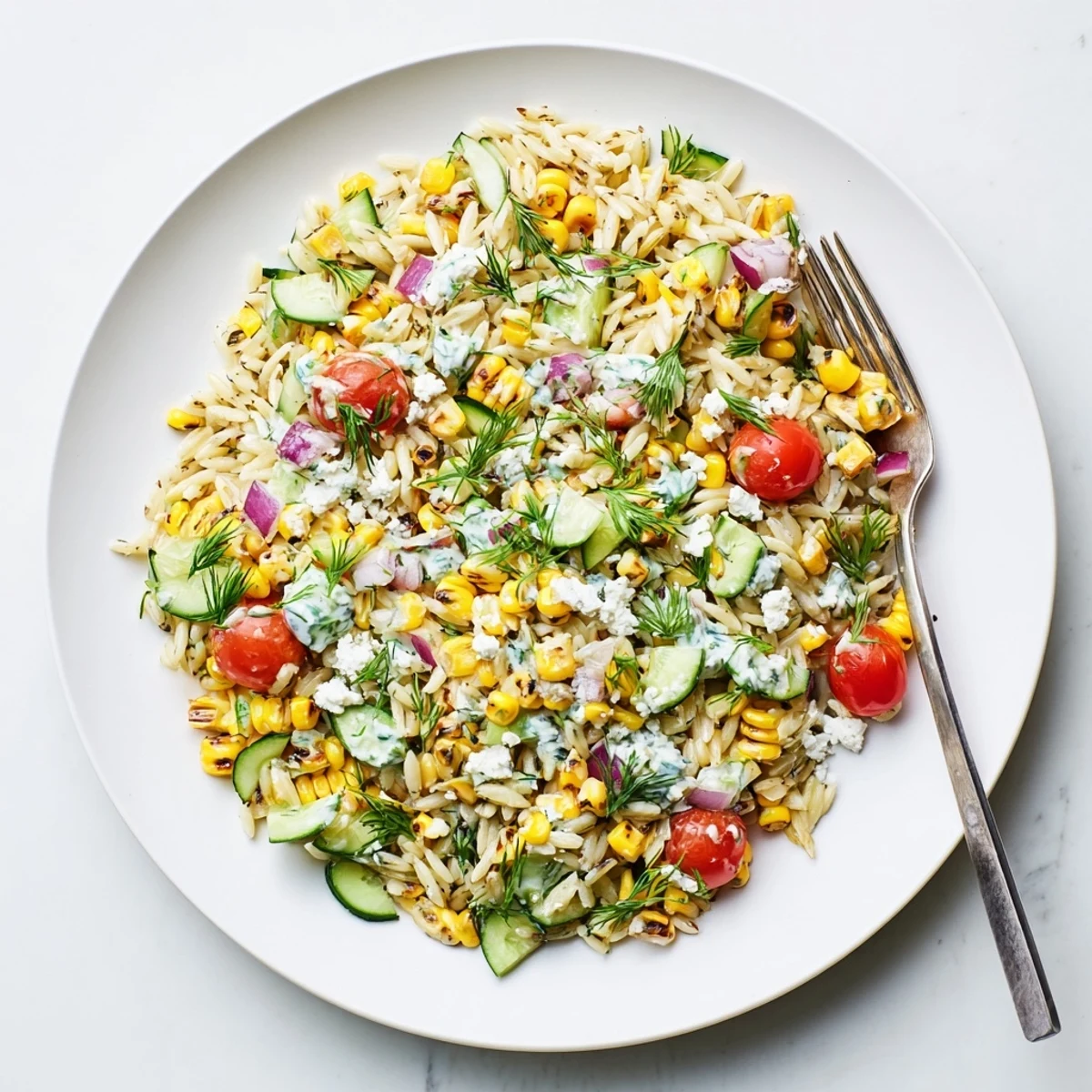 The summery Grilled Corn Orzo Salad with Scallion Dill Dressing is served in a white ceramic bowl, garnished with fresh dill sprigs for a bright flavor.