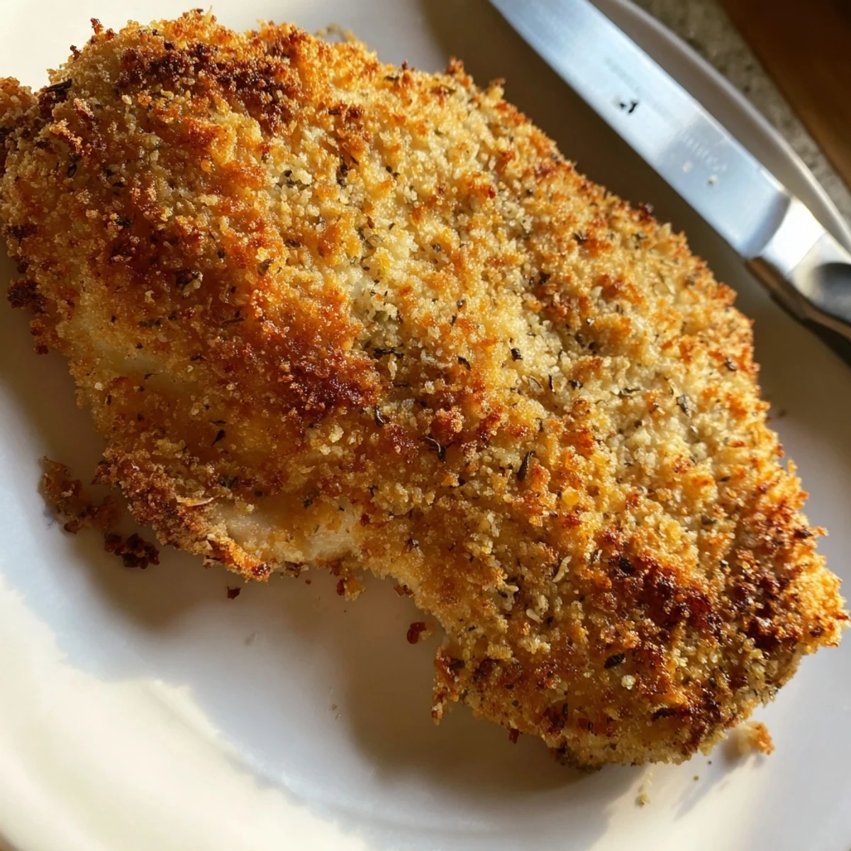 Golden-brown baked garlic paresan chicken breasts with a crispy panko crust rest beside fresh parsley and lemon wedges.