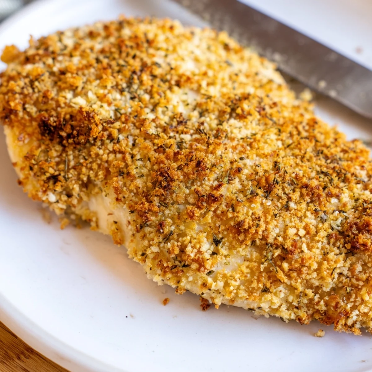 Tender baked garlic parmesan chicken is served on a plate with roasted broccoli for a wholesome family dinner.