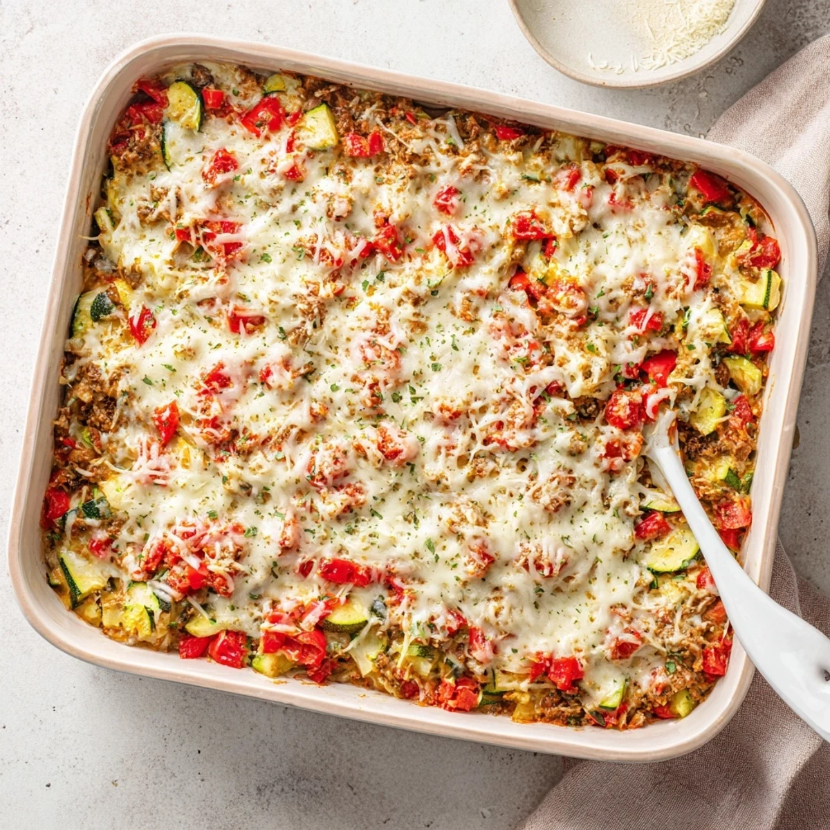 Baked Easy Ground Turkey Zucchini Casserole with golden bubbly cheese and tender vegetables in a serving dish. 
