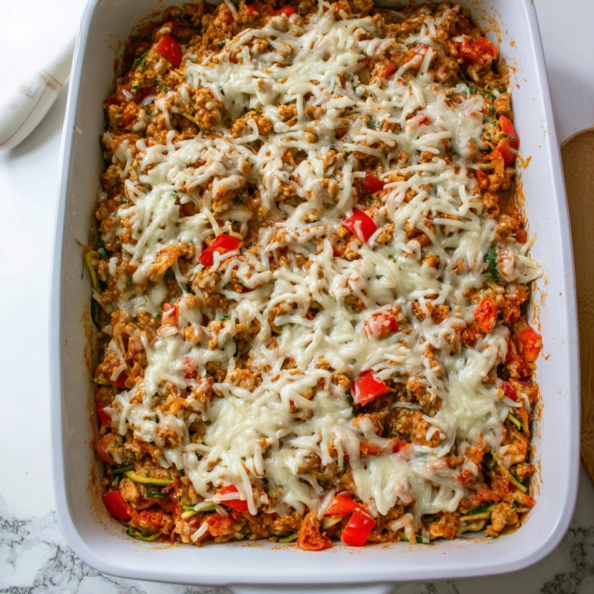 Freshly cooked Easy Ground Turkey Zucchini Casserole topped with mozzarella and Parmesan, plated alongside a crisp green salad. 