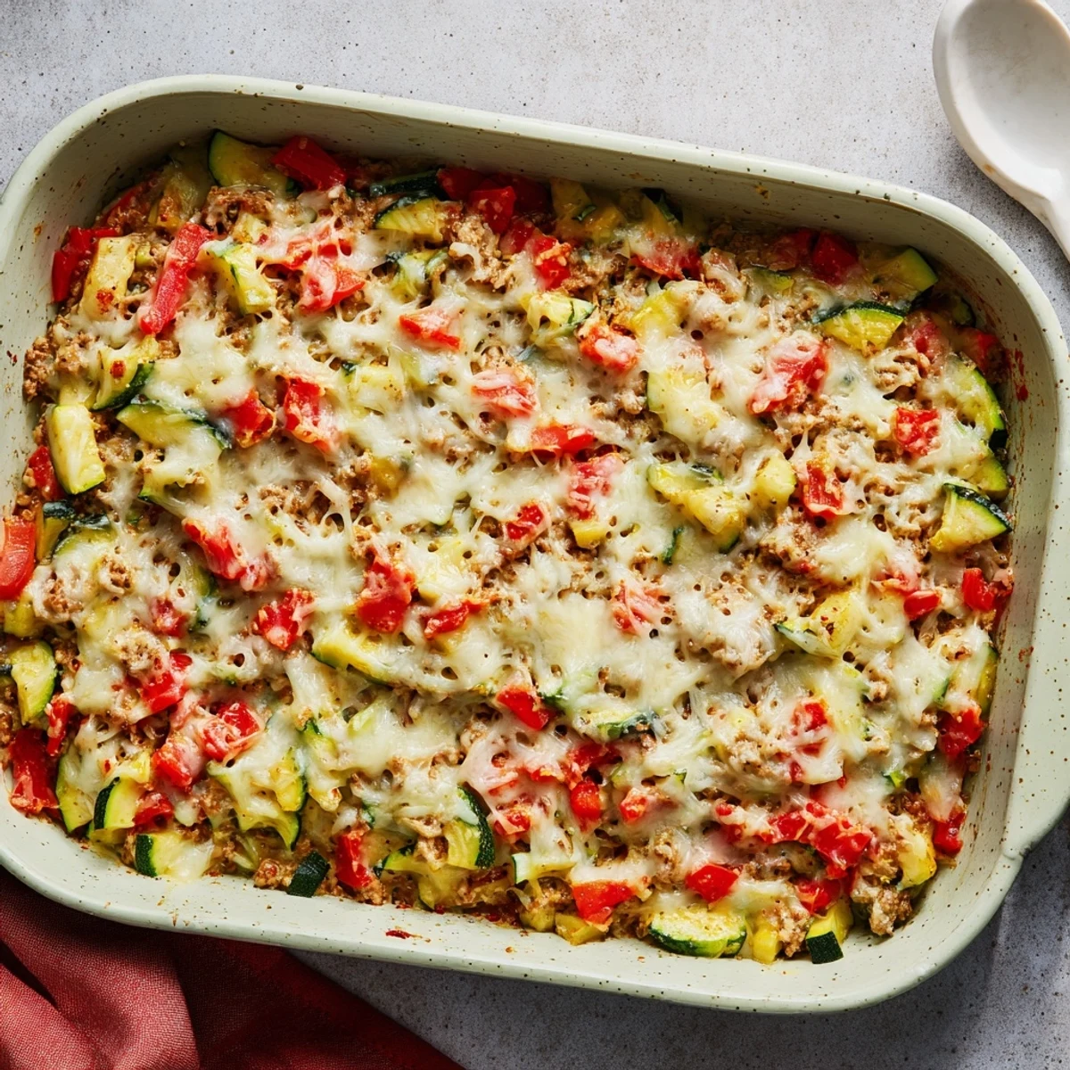 Golden brown Easy Ground Turkey Zucchini Casserole resting for five minutes, steam rising from the cheesy, savory layers.