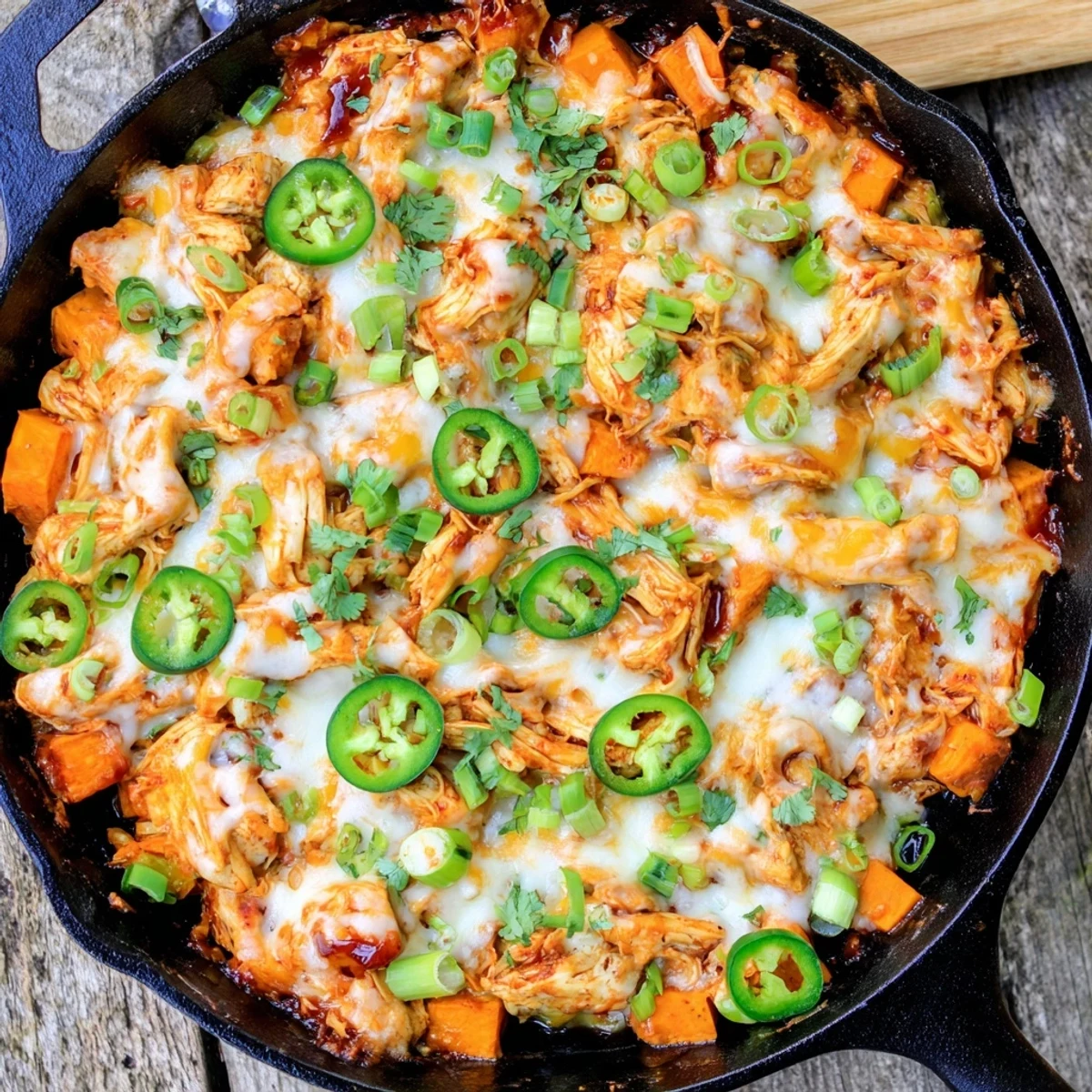 Golden melted cheddar and mozzarella blanket tender sweet potatoes and smoky BBQ chicken in this sizzling skillet.