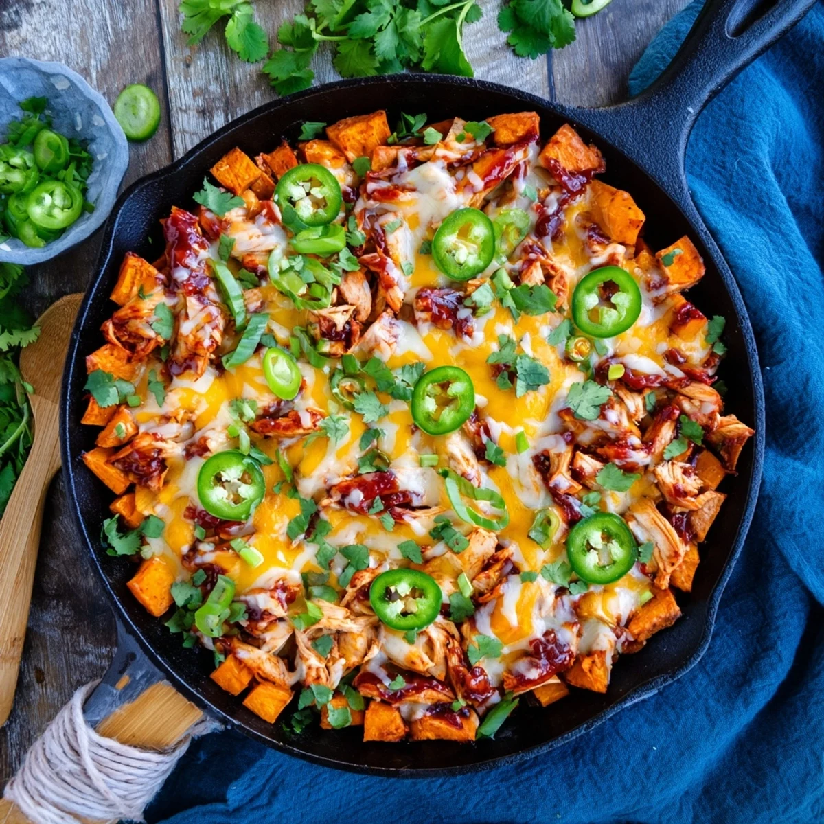 The dish bubbles from the oven with vibrant red onion and bell pepper, ready to be garnished with jalapeños.