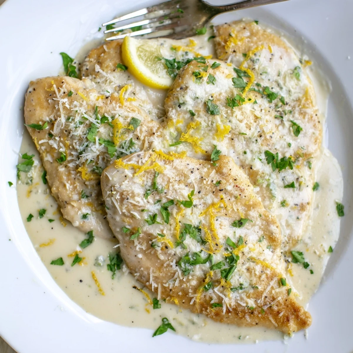 A close-up of Creamy Parmesan Lemon Chicken on a plate, garnished with fresh parsley, showcasing a velvety, bright lemon sauce over tender chicken.