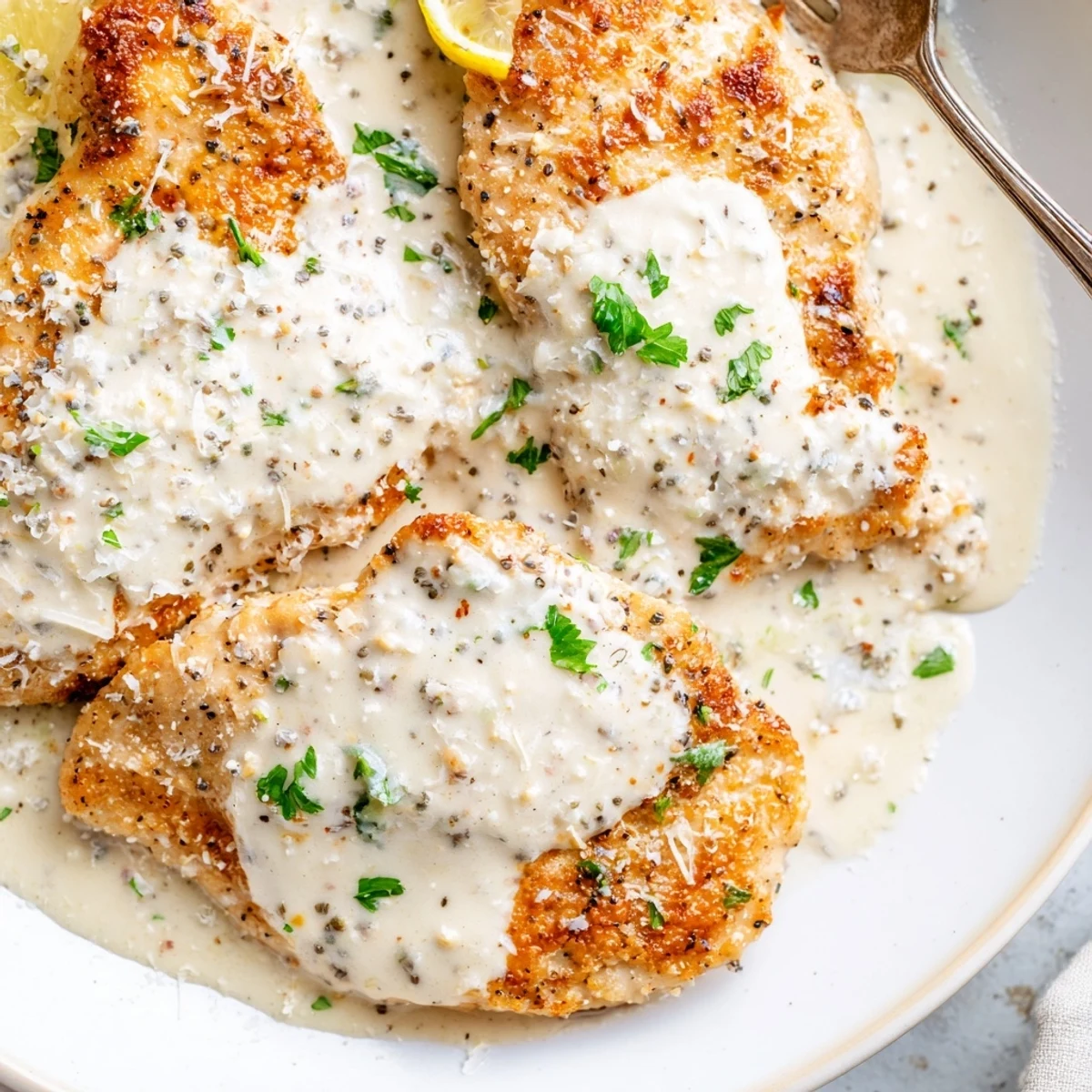 In a skillet, Creamy Parmesan Lemon Chicken simmers in a rich, creamy sauce with melted Parmesan and a hint of citrus for a comforting Italian-American meal.