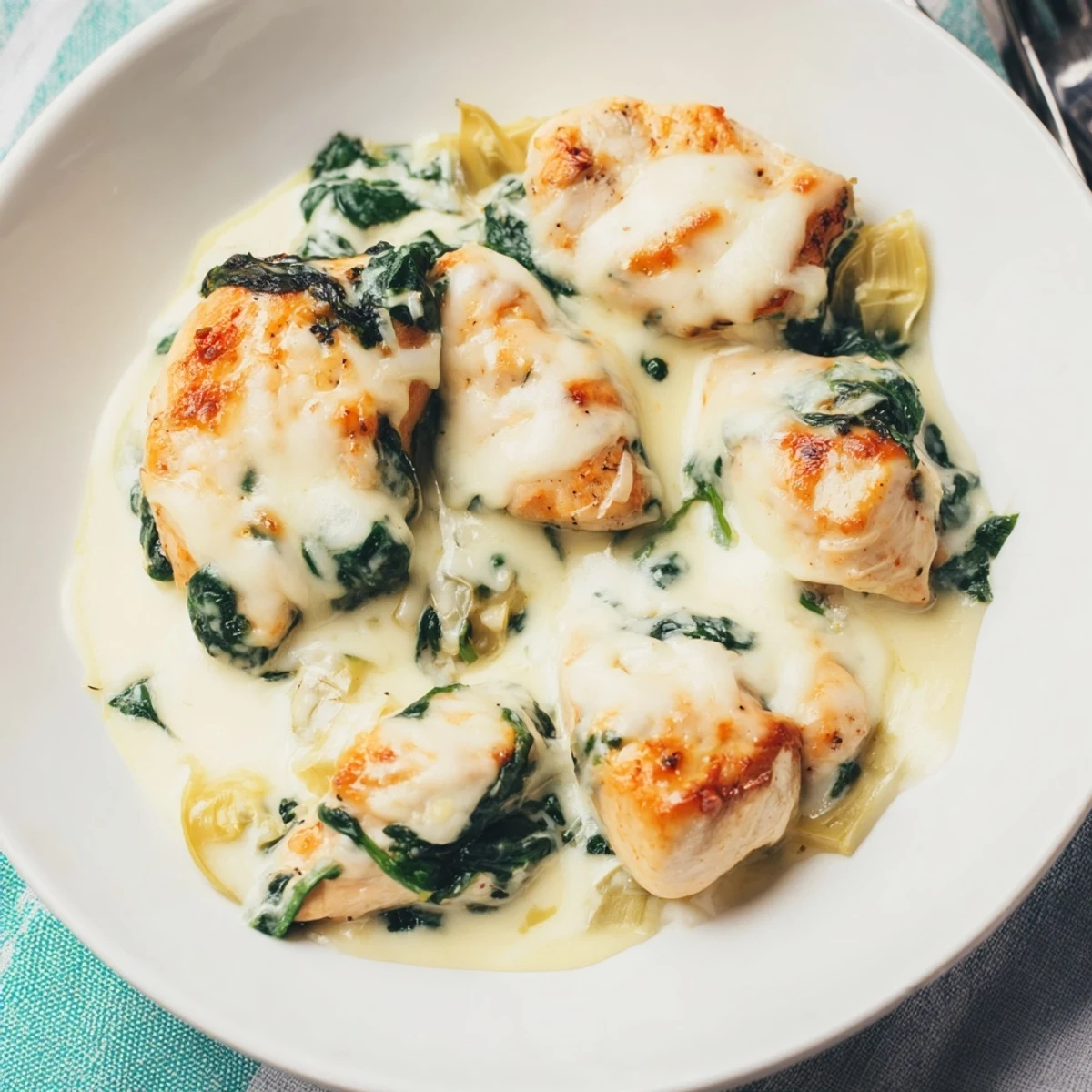 Juicy seared chicken breasts nestled in a bubbling blend of spinach, artichokes, and creamy cottage cheese, topped with melted mozzarella.