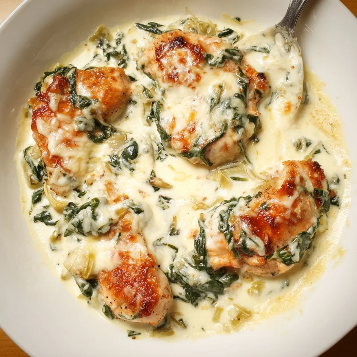 Golden-browned chicken breasts coated in creamy cottage cheese sauce with wilted spinach and chopped artichokes, served hot from the oven in a skillet.